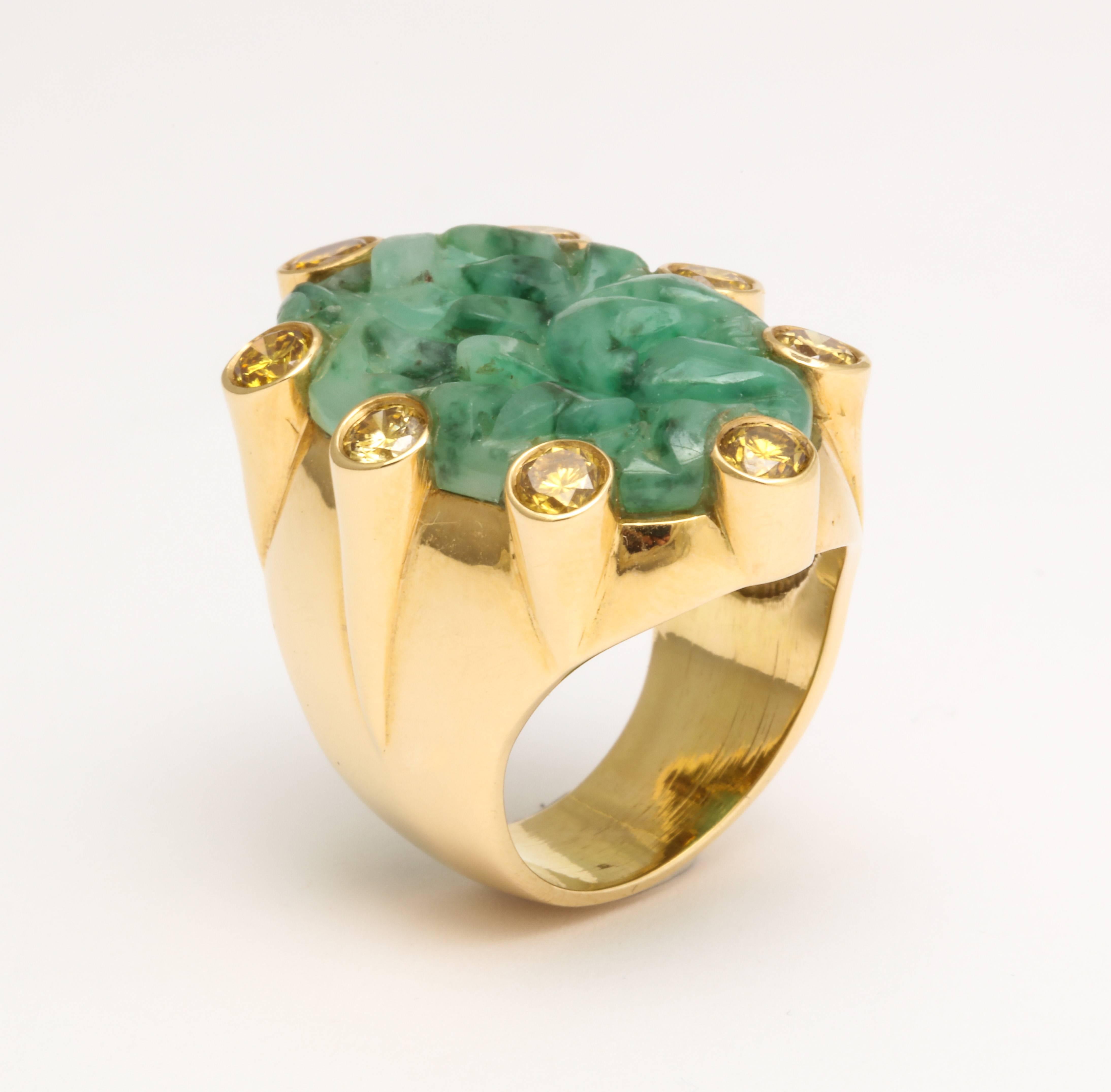 Marilyn Cooperman Gold Carved Jade and Yellow Diamond Ring 1