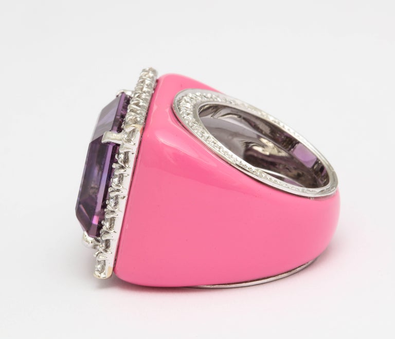 Amethyst Diamond Pink Enamel Gold Ring For Sale at 1stDibs