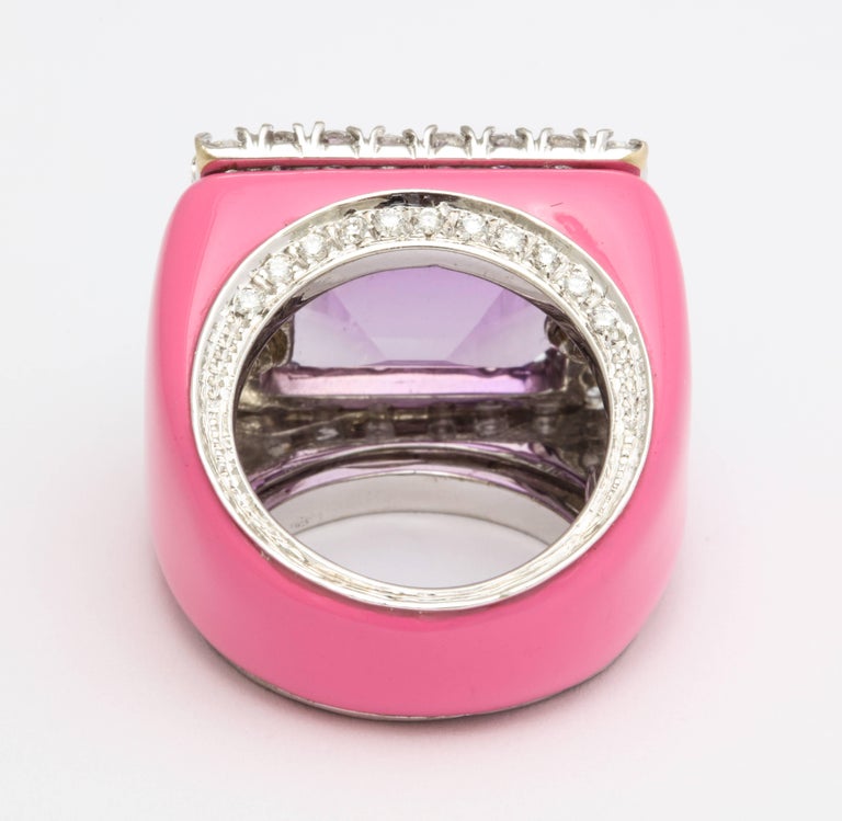 Amethyst Diamond Pink Enamel Gold Ring For Sale at 1stDibs