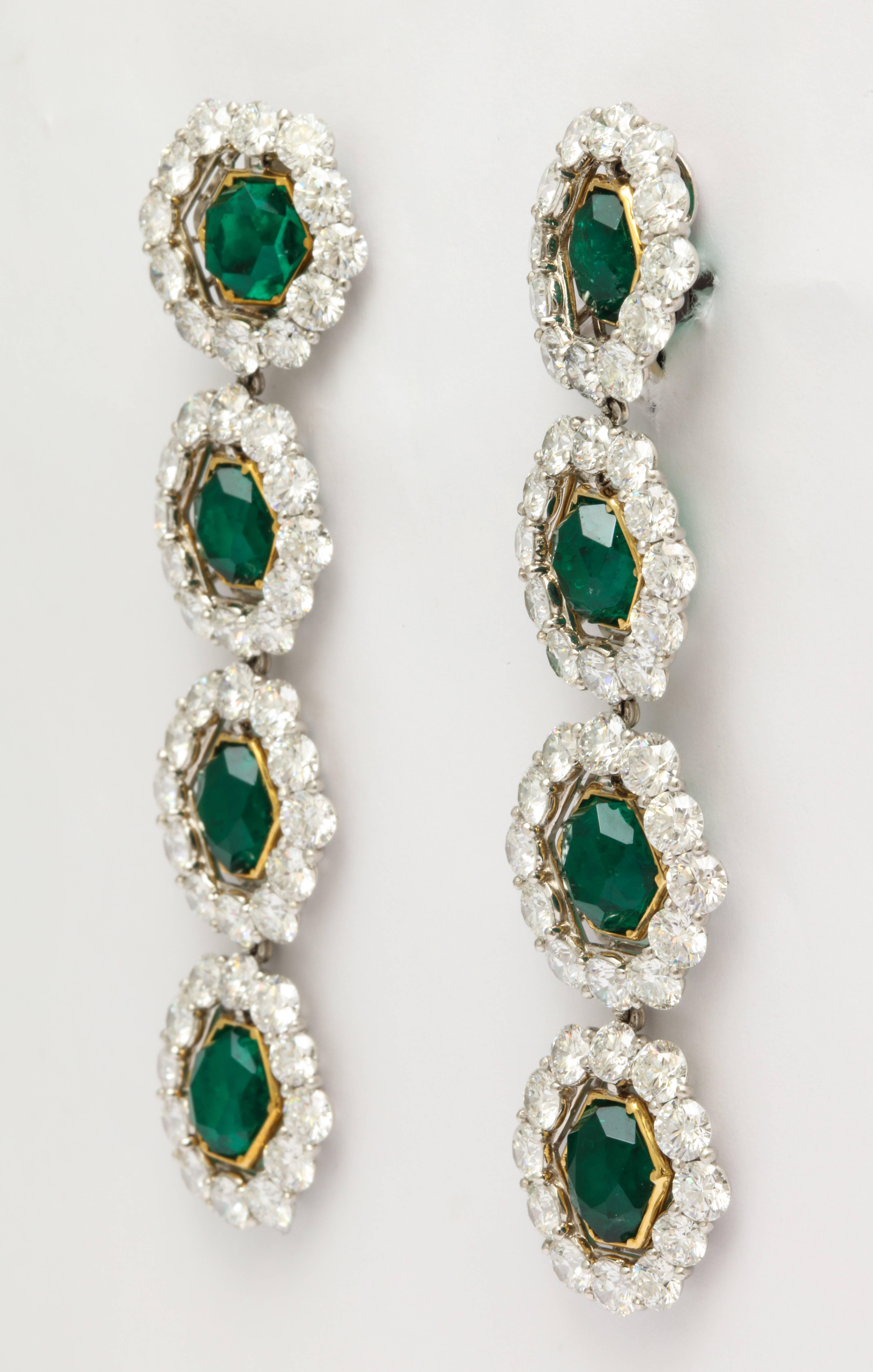 Round Cut Colombian Emerald and Diamond Long Hanging Earrings For Sale
