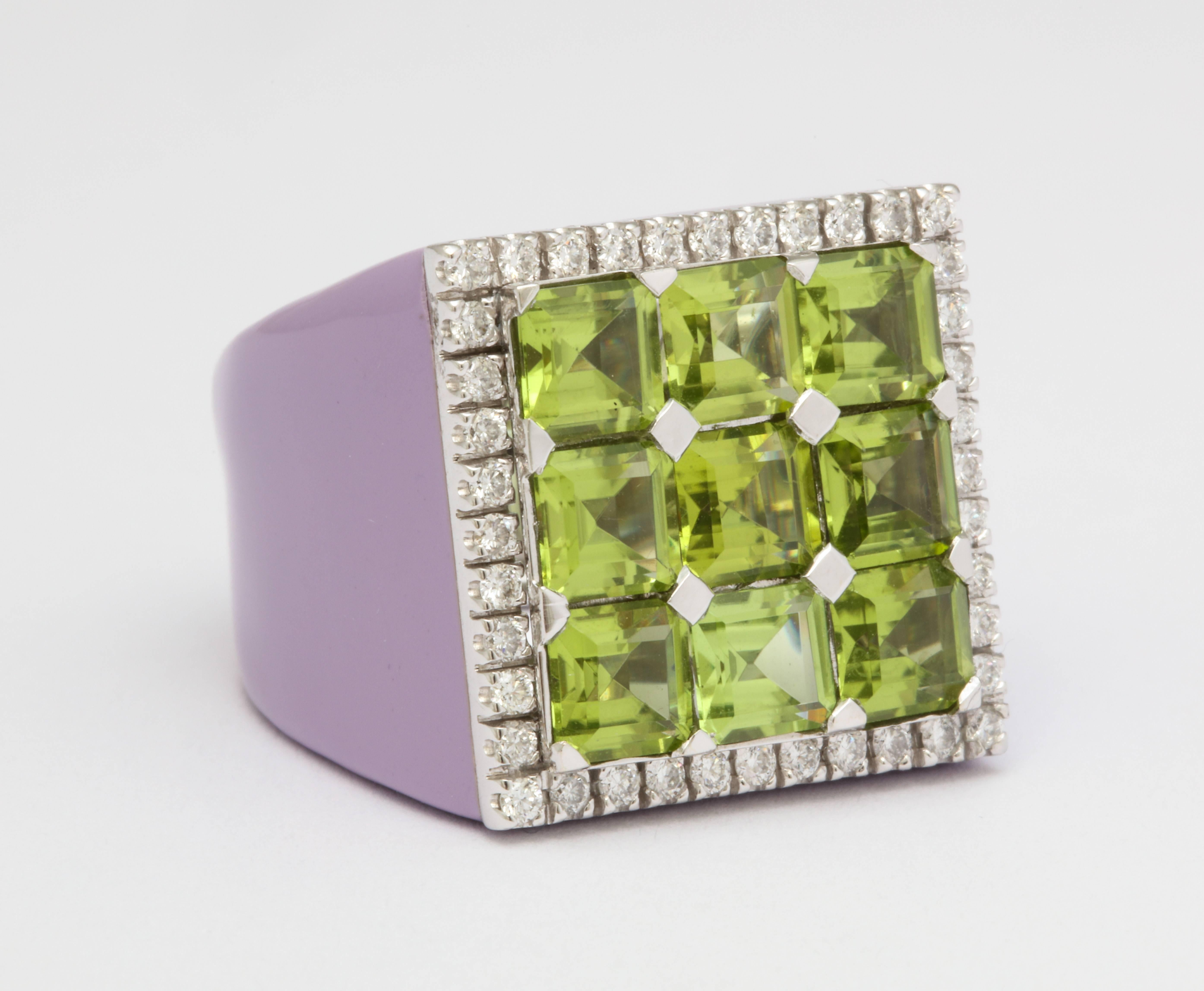 Peridot, Diamond and Purple Enamel Cocktail Ring In New Condition In Bal Harbour, FL
