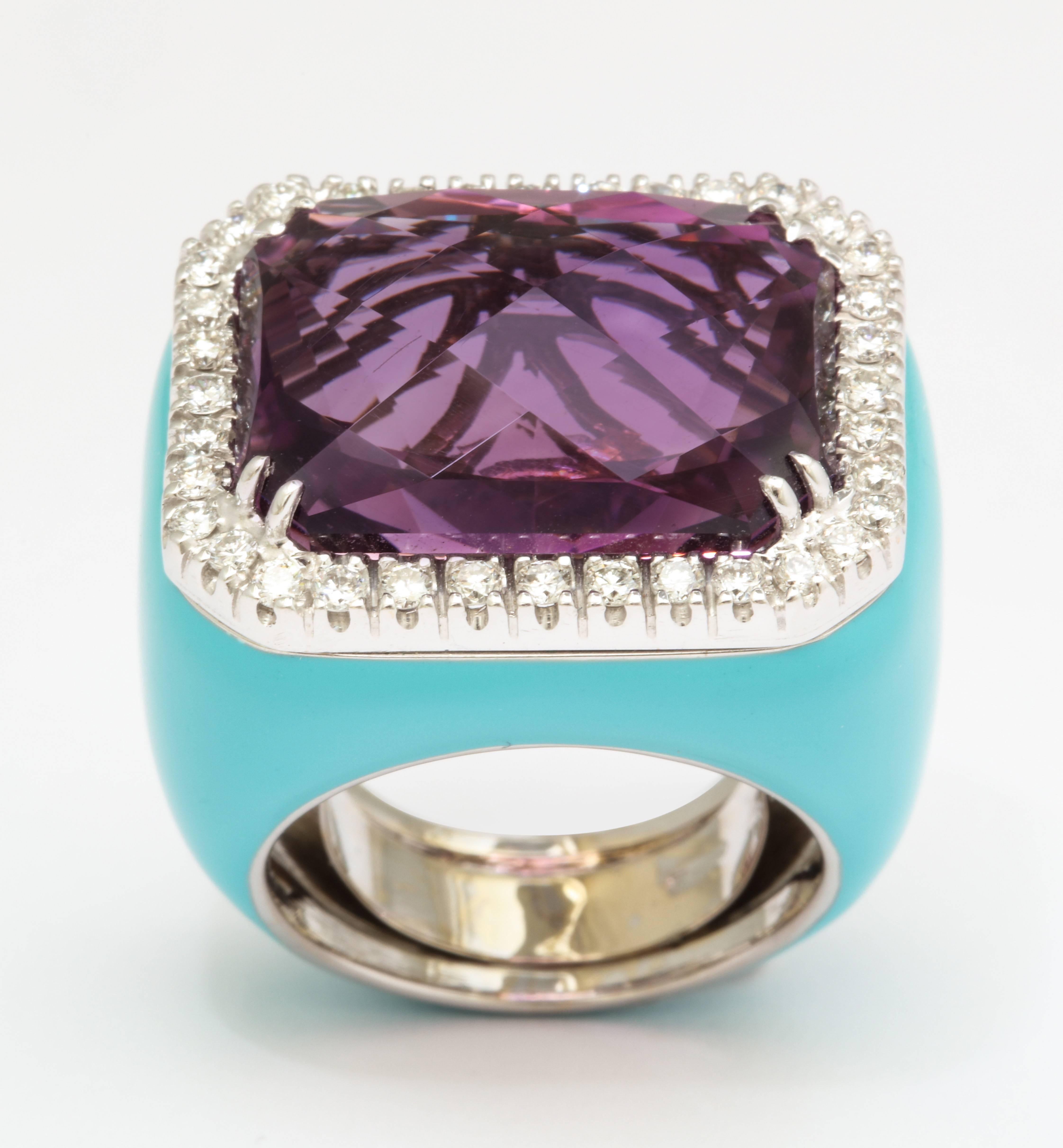 Emerald Cut Amethyst Turquoise Enamel and Diamond Cocktail Ring