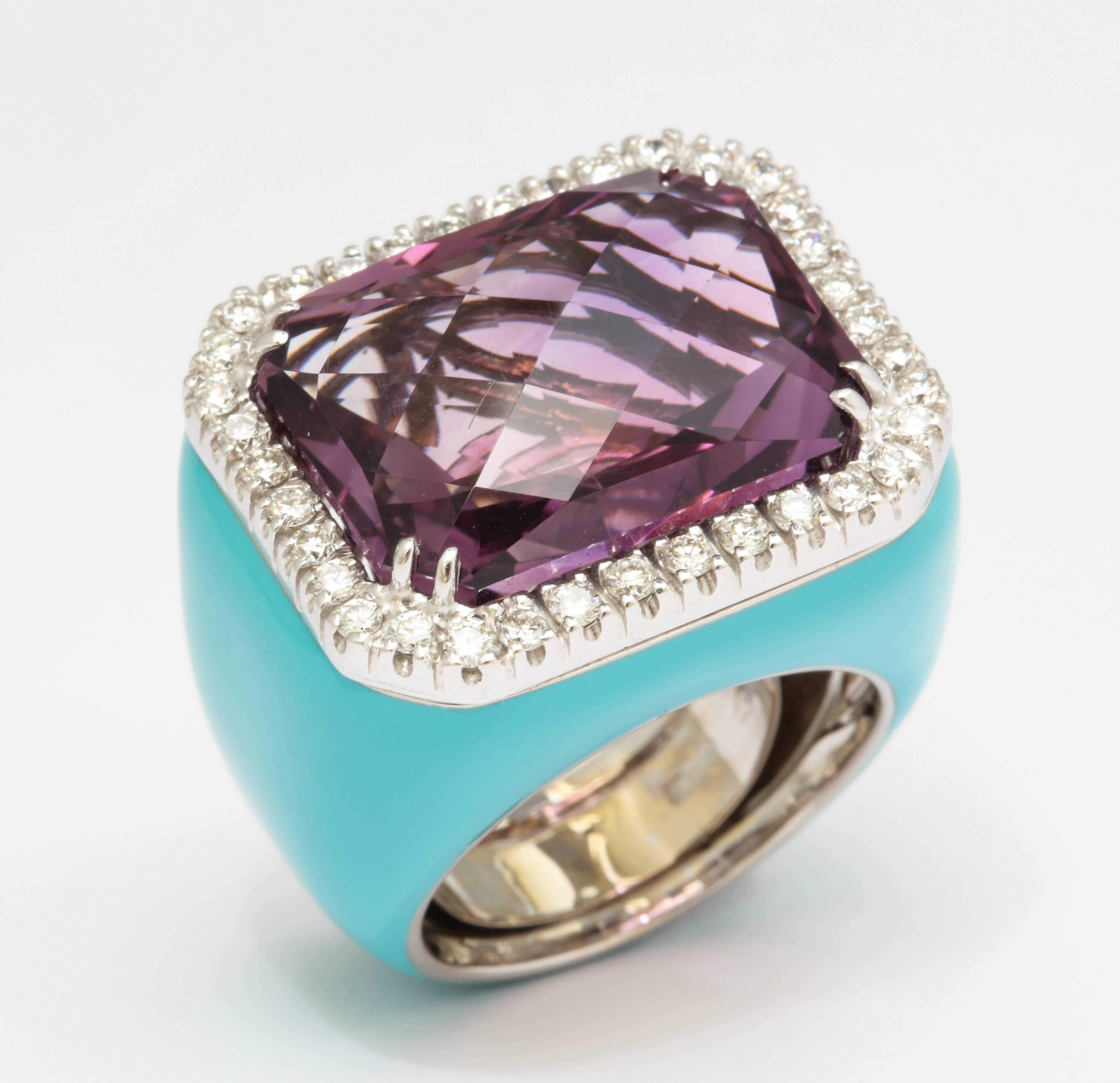 Amethyst Turquoise Enamel and Diamond Cocktail Ring In New Condition In Bal Harbour, FL