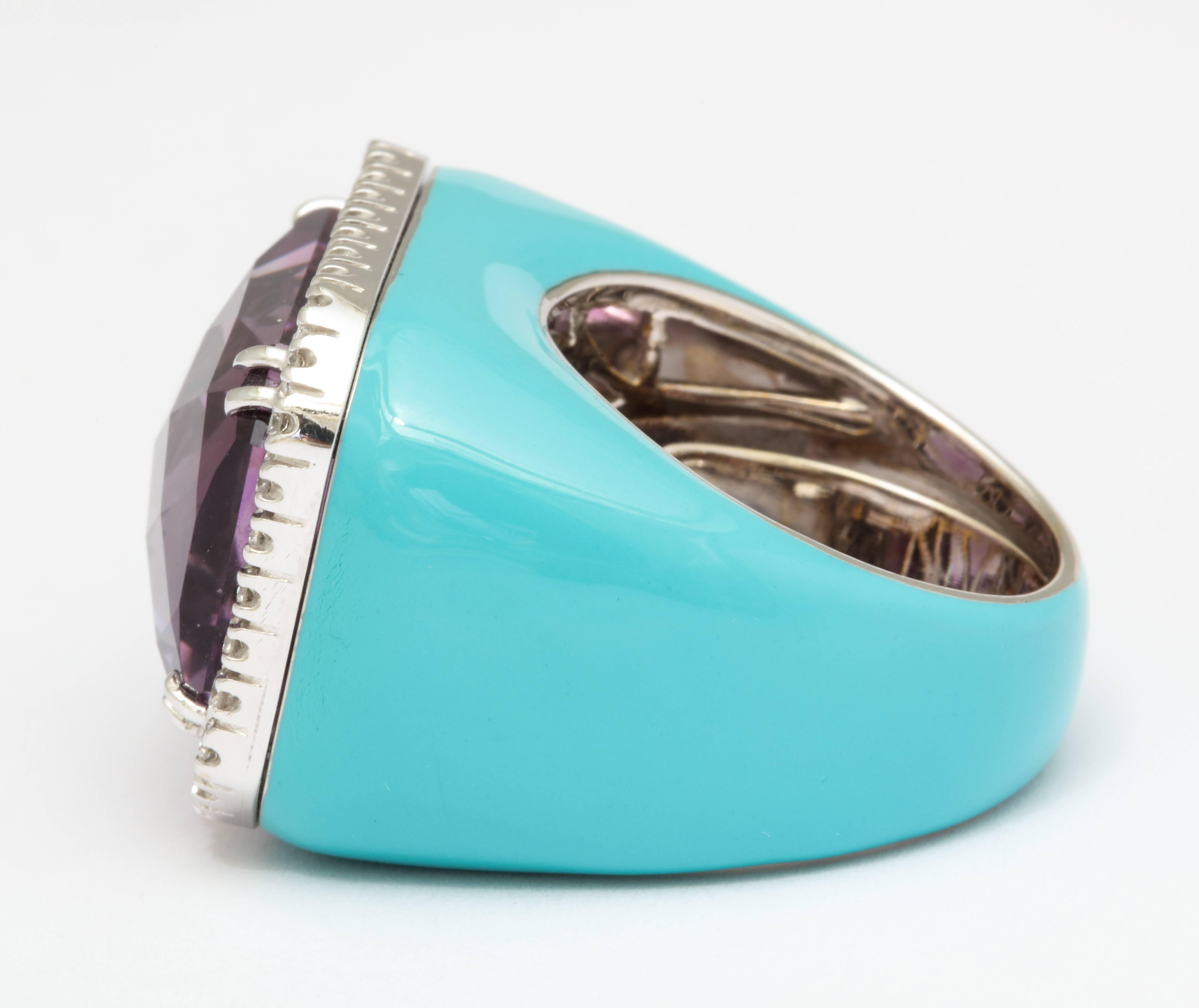 Amethyst Turquoise Enamel and Diamond Cocktail Ring 1