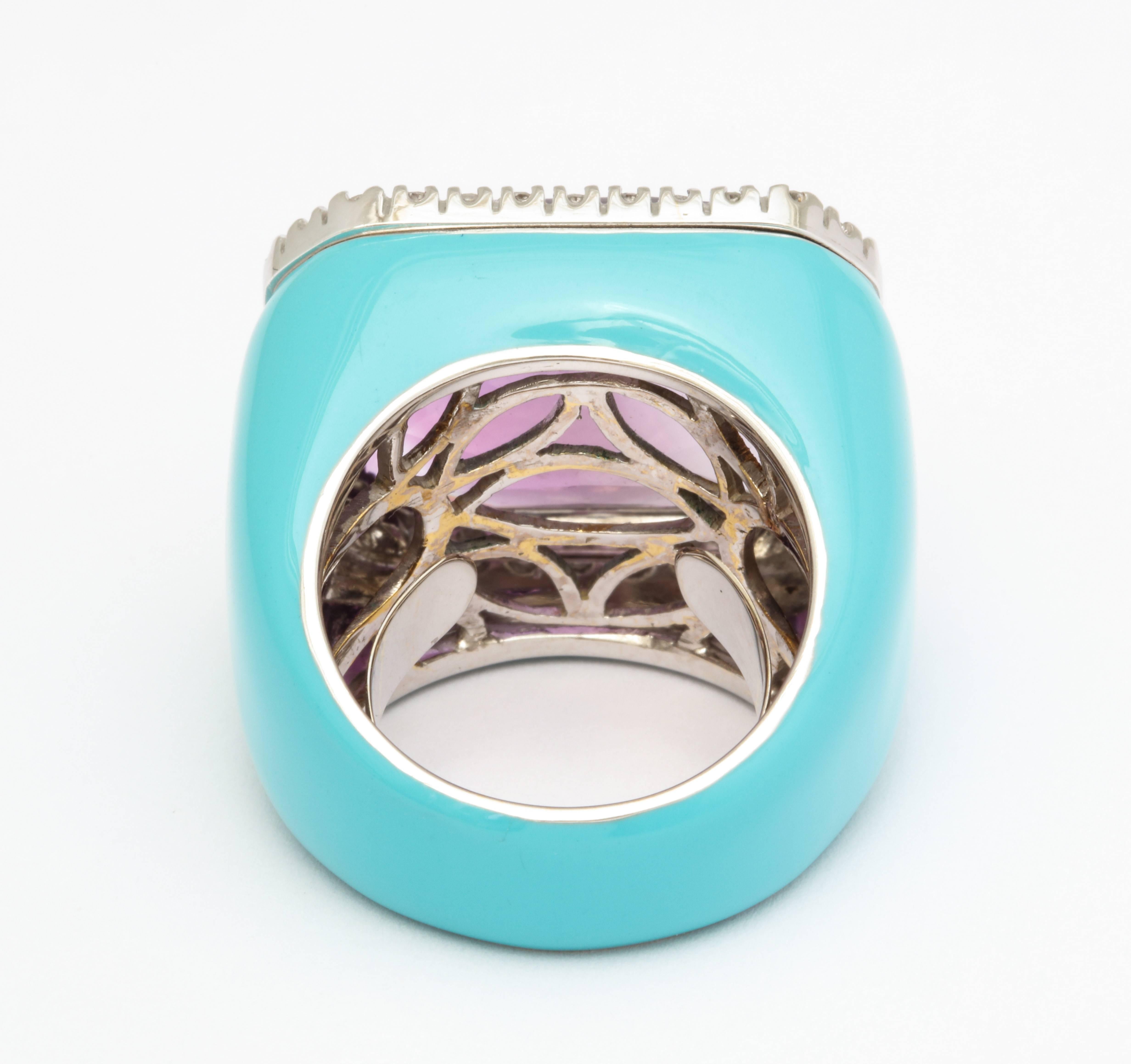 Amethyst Turquoise Enamel and Diamond Cocktail Ring 3