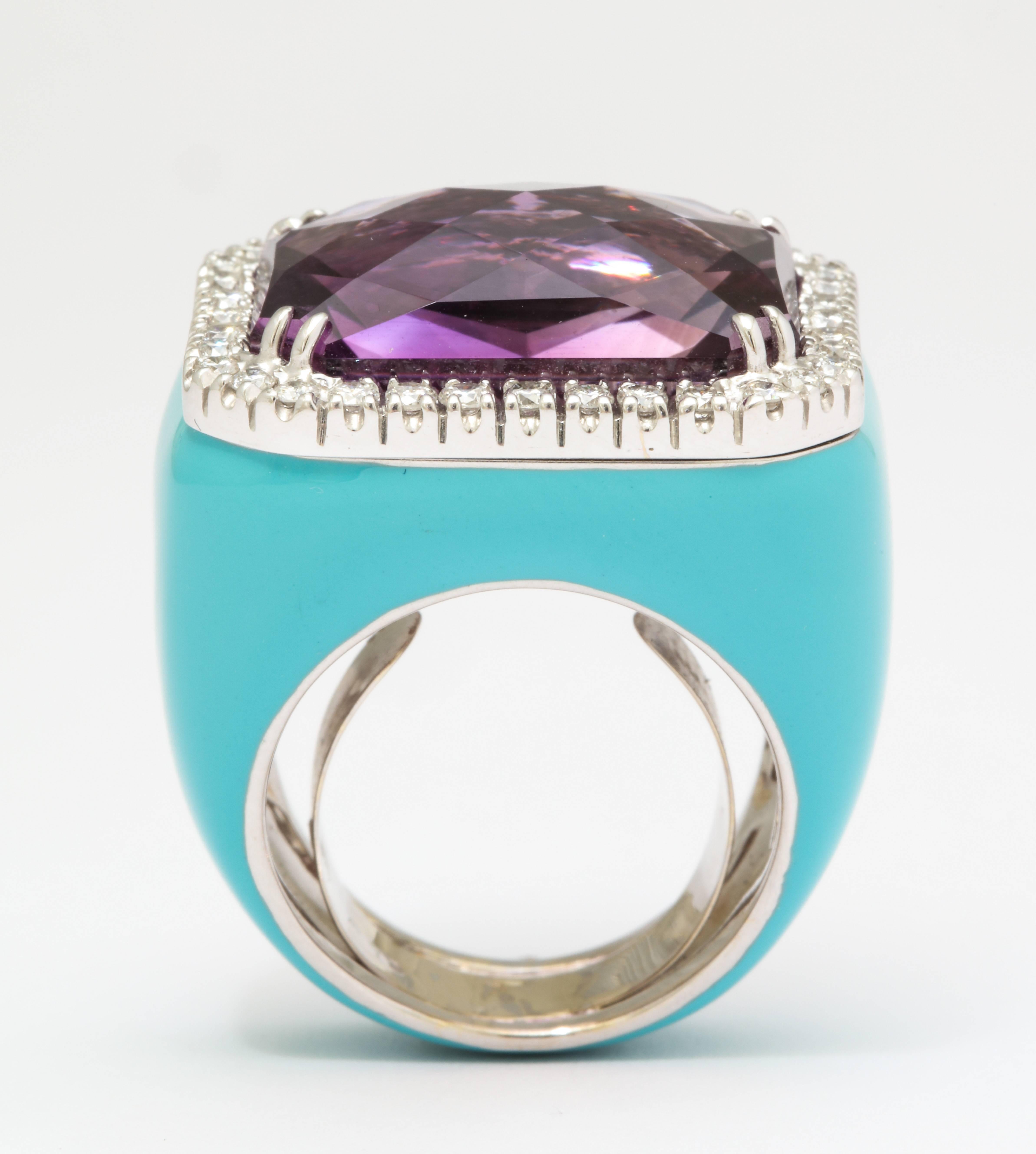 Amethyst Turquoise Enamel and Diamond Cocktail Ring 2