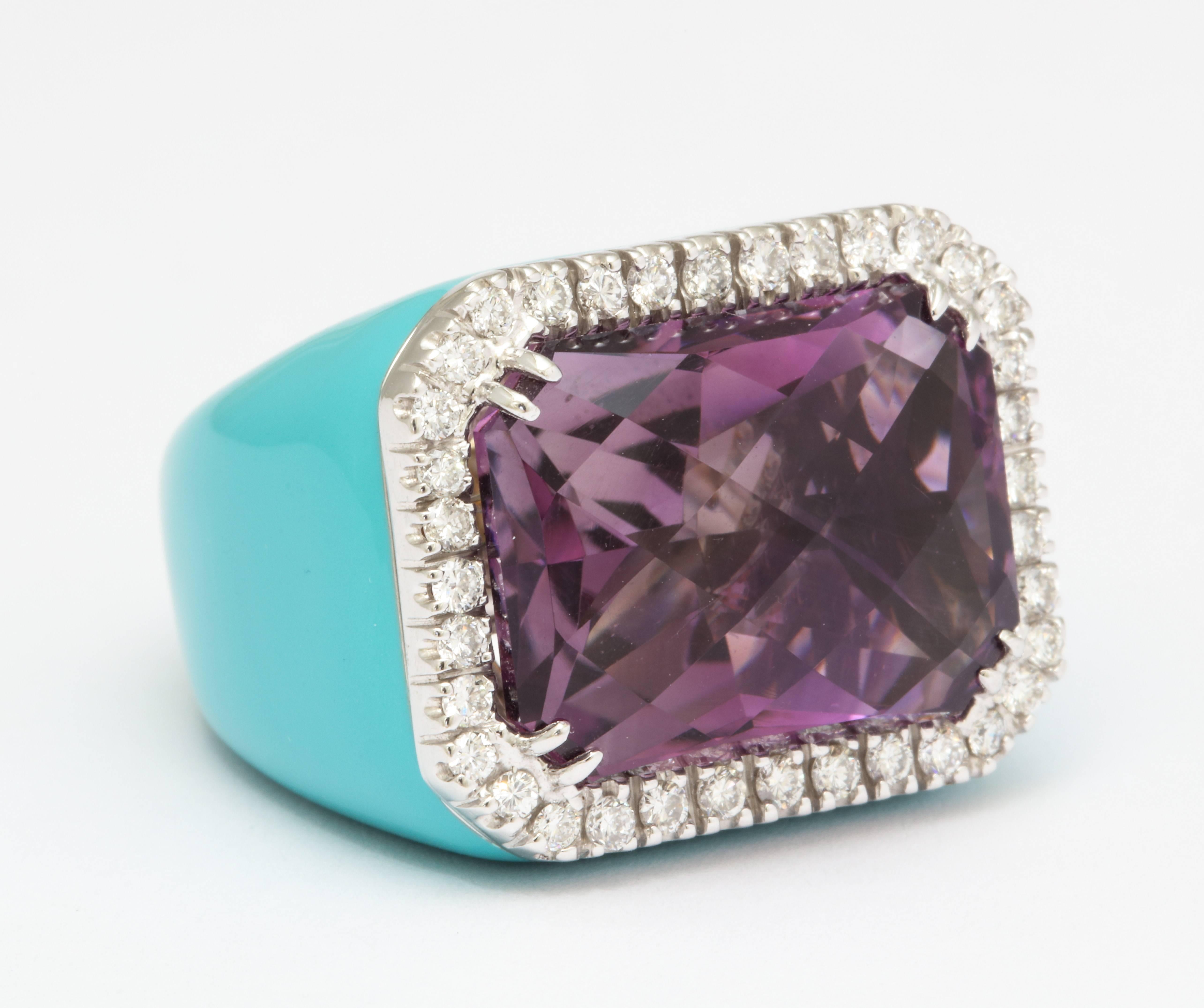 Women's Amethyst Turquoise Enamel and Diamond Cocktail Ring