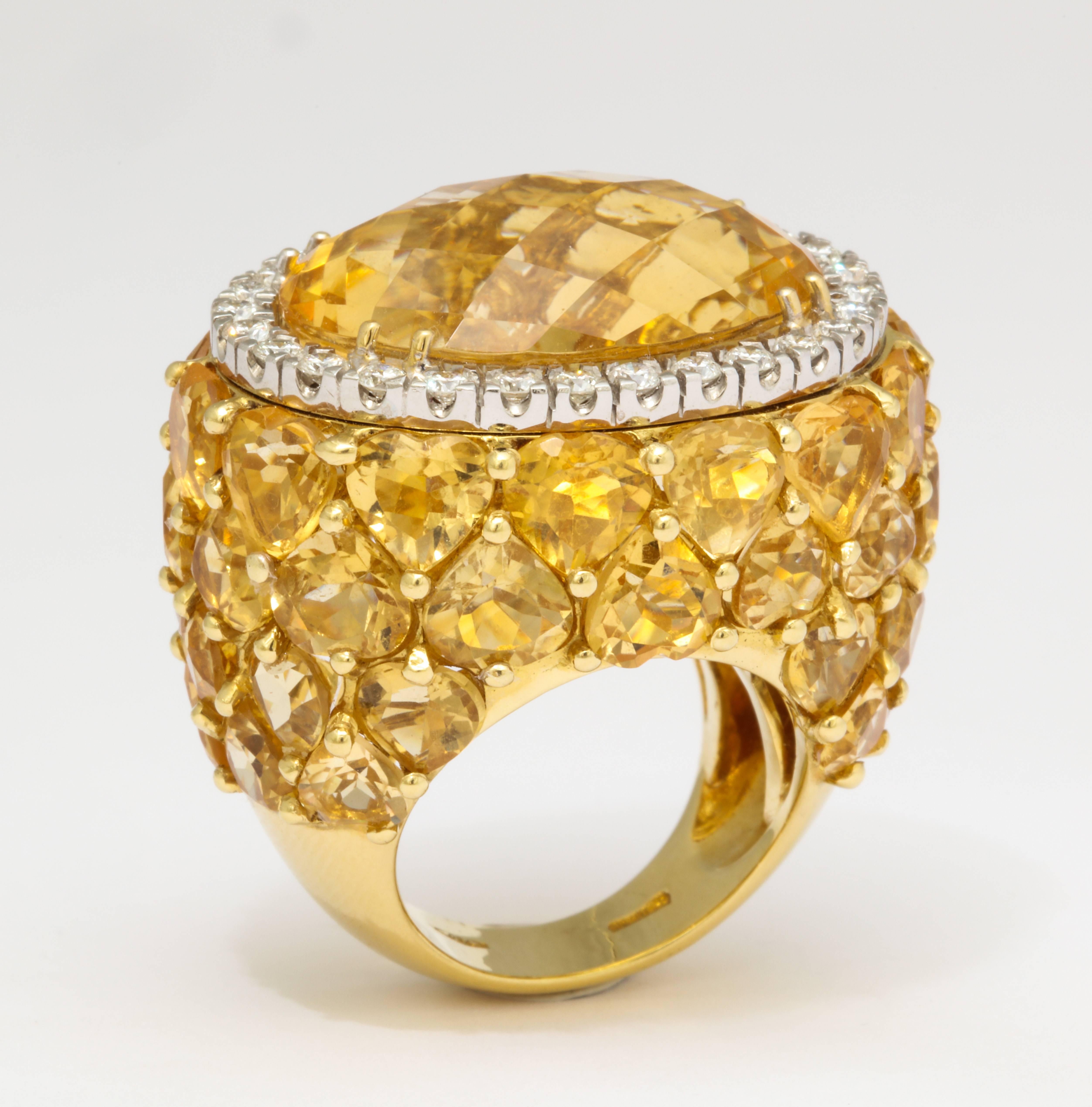 Women's or Men's Italian Citrine Diamond Gold Cocktail Ring