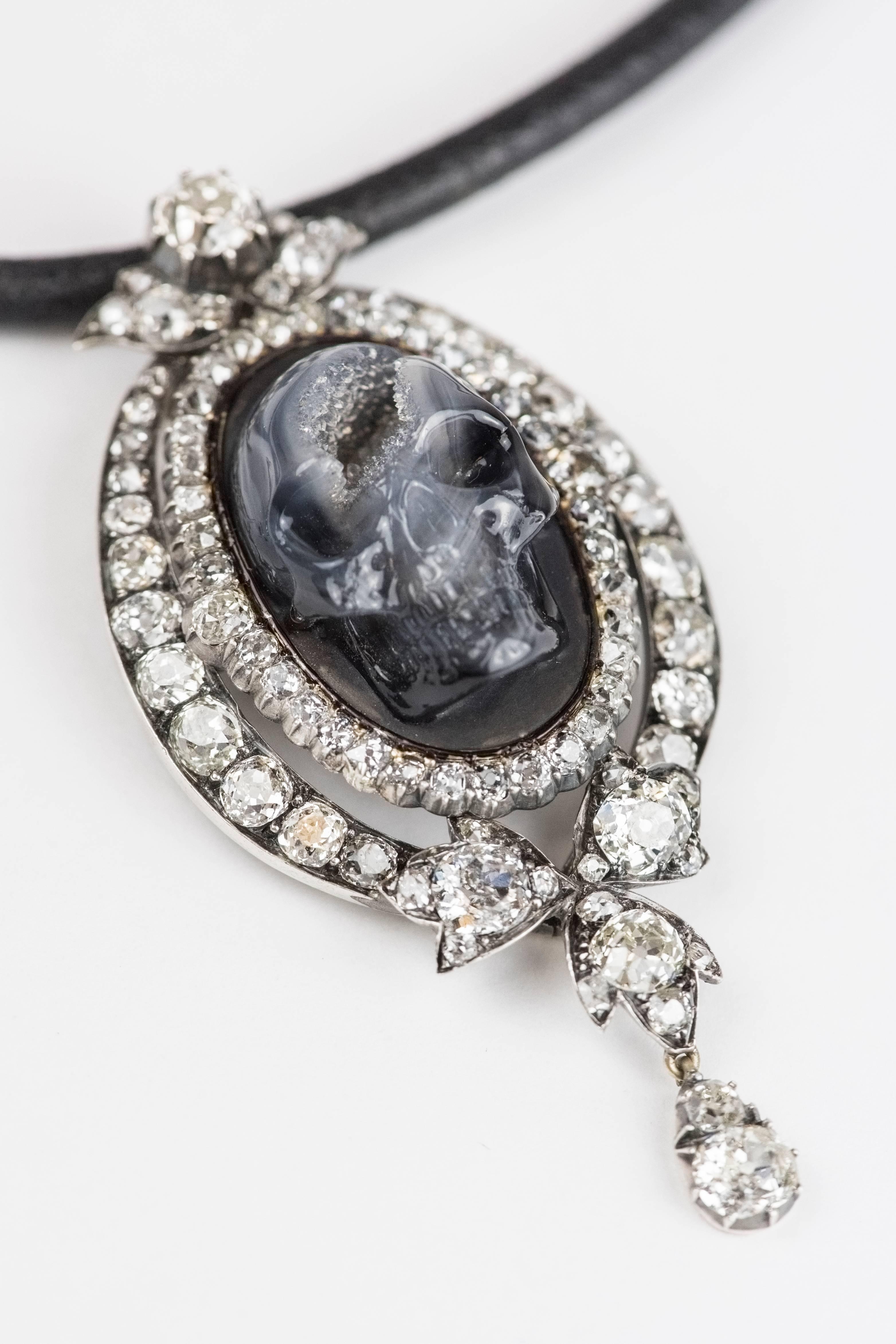 Antique Diamond Carved Drusy Agate Geode Skull Pendant Necklace 2