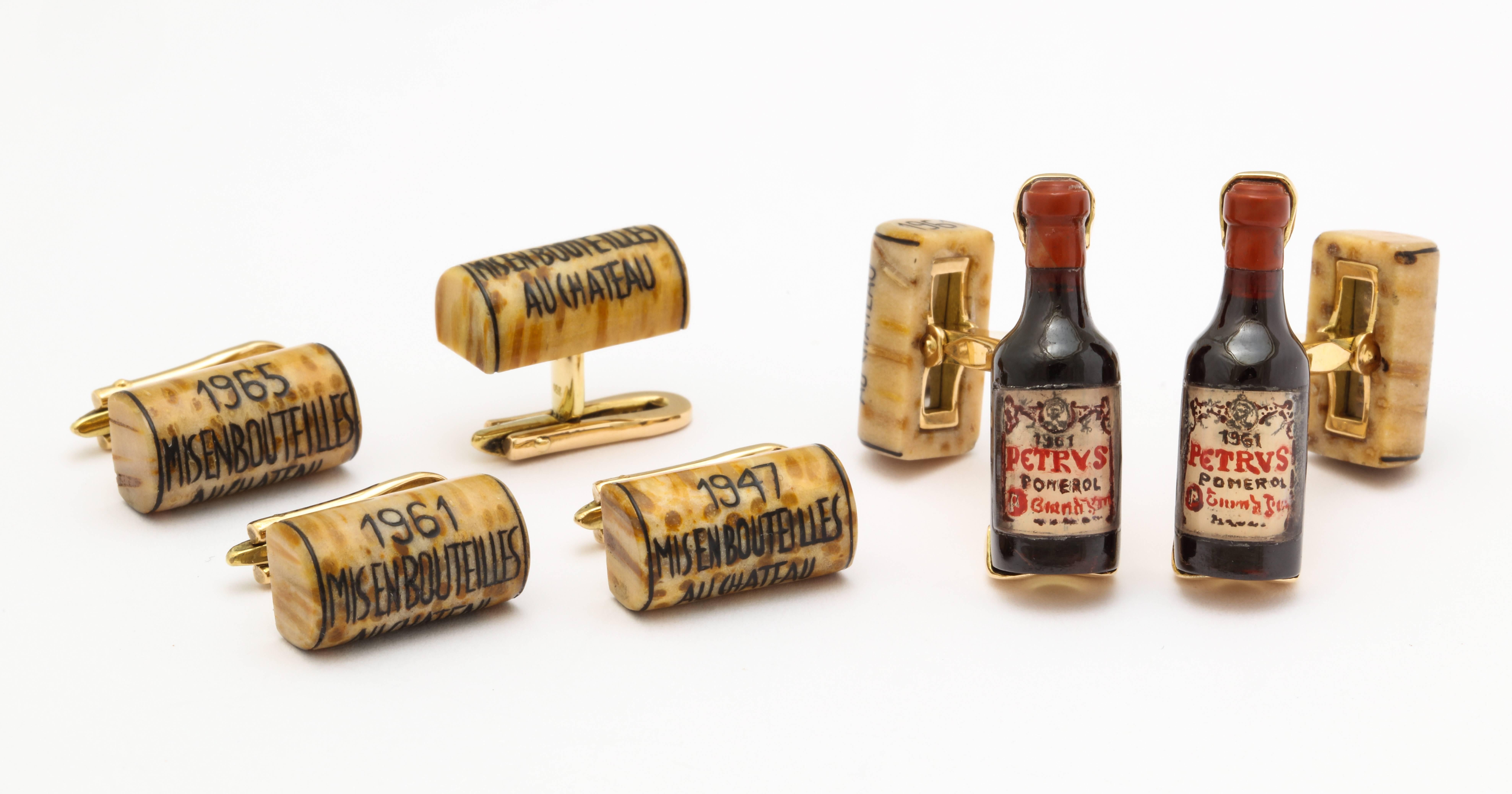 It just doesn't get any better than this.  The set is composed of the finest pair of red wine bottle cufflinks with cork spring backs and four additional cork shirt studs.  Each piece is meticulously hand carved from natural stones and then