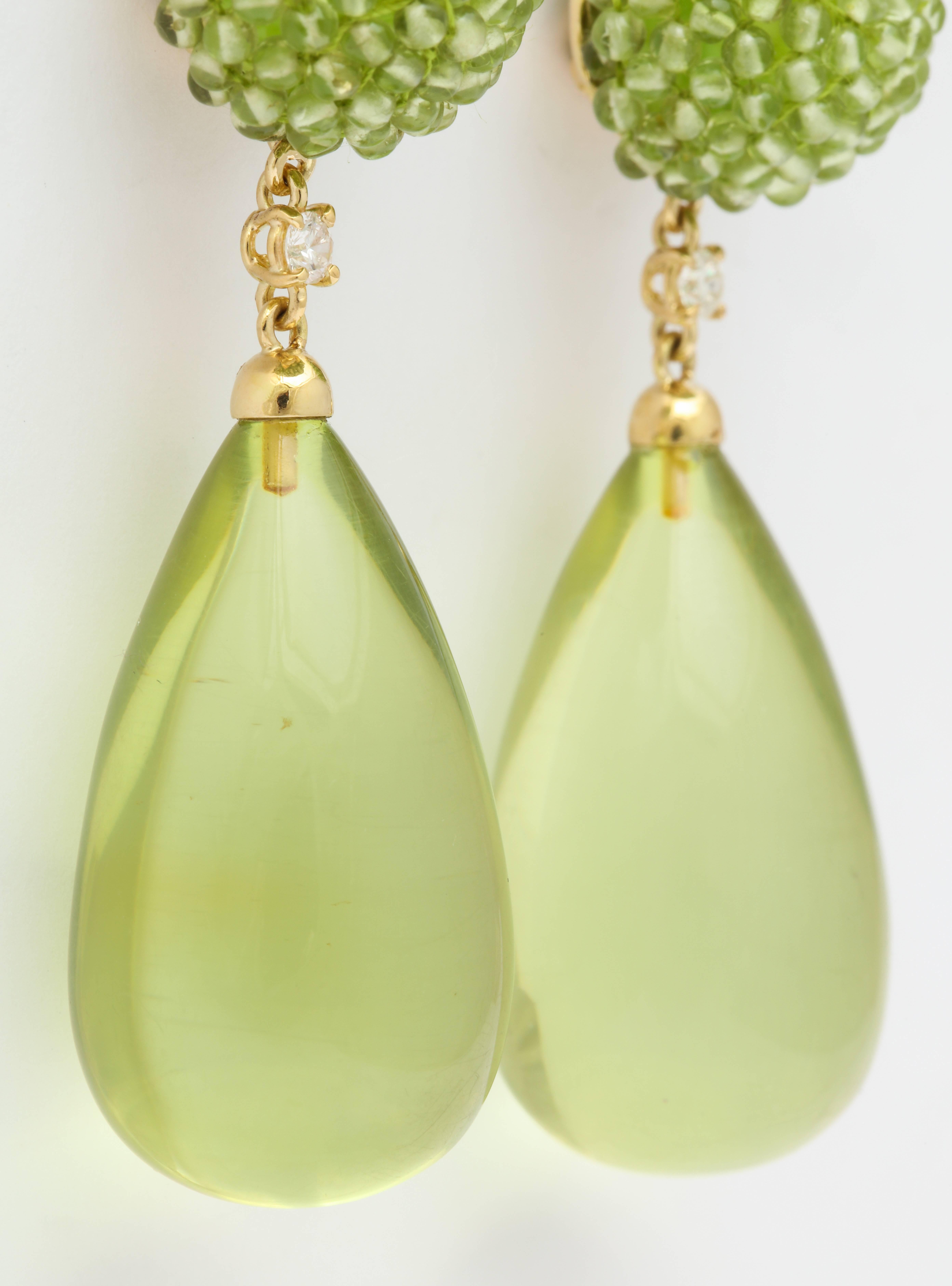 Michael Kanners Peridot Diamond Gold Green Amber Drop Earrings 1