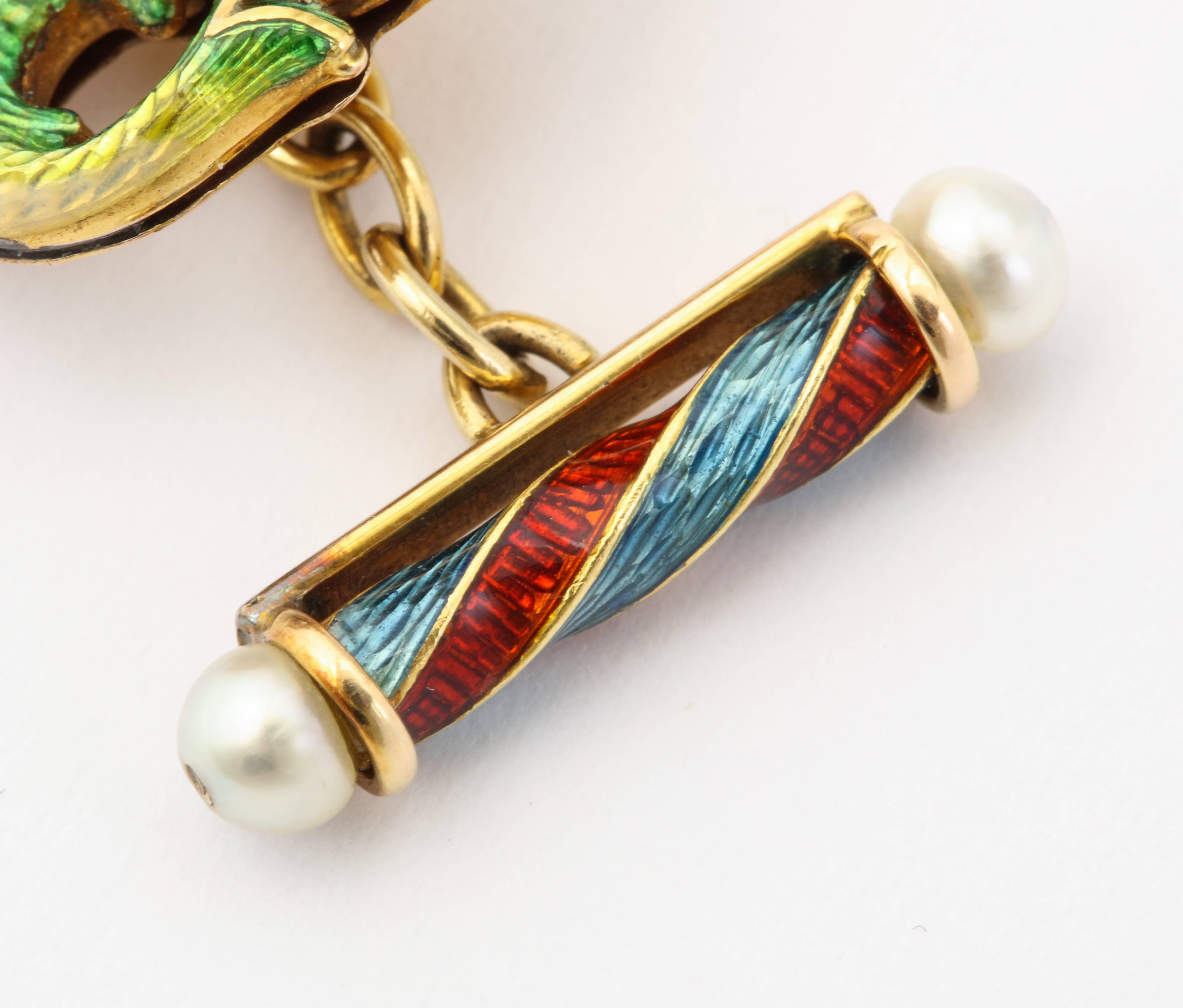 Women's or Men's Antique English Yellow Gold Cloisonné Enamel Diamond and Pearl Fish Cufflinks