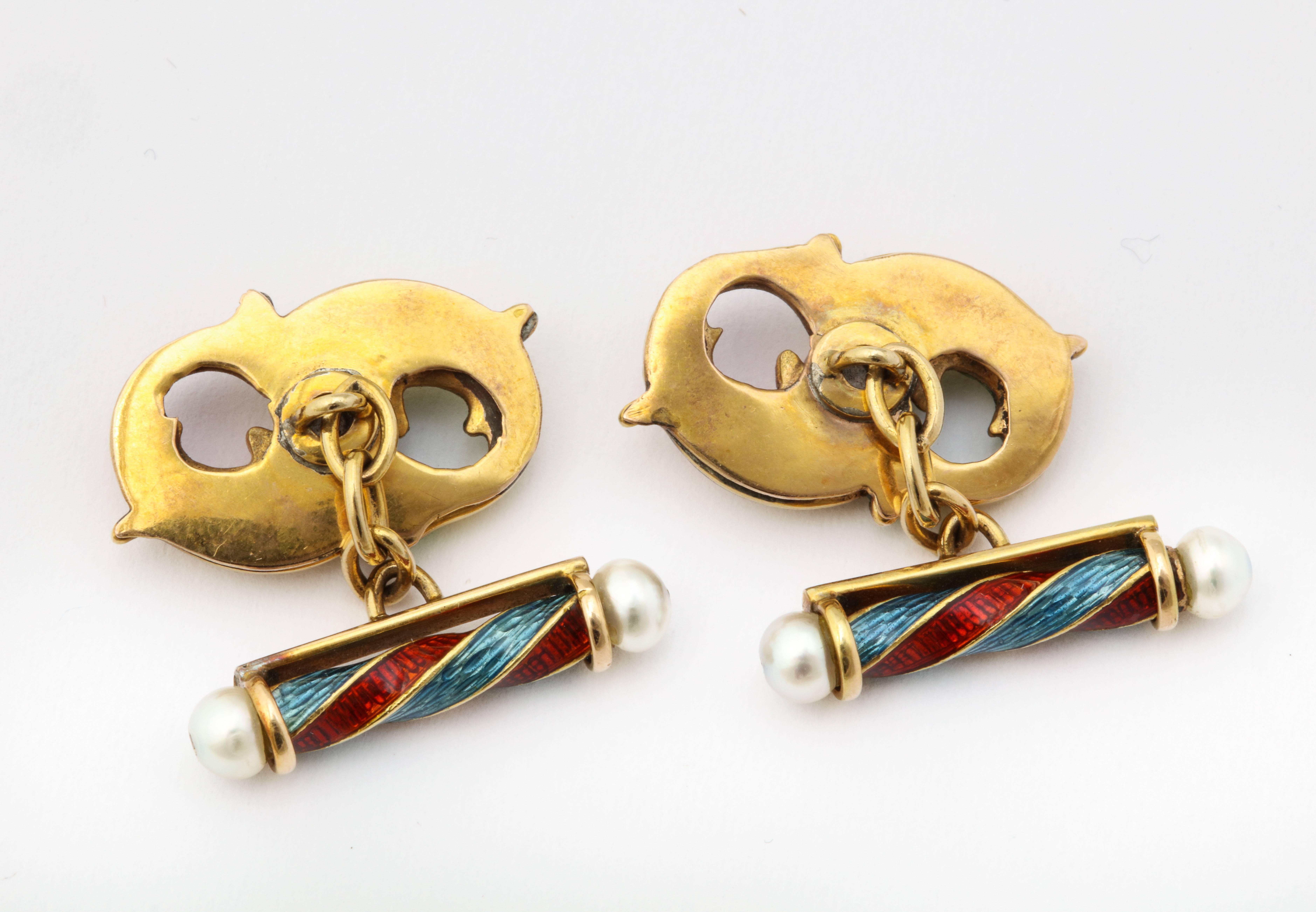 Antique English Yellow Gold Cloisonné Enamel Diamond and Pearl Fish Cufflinks 1