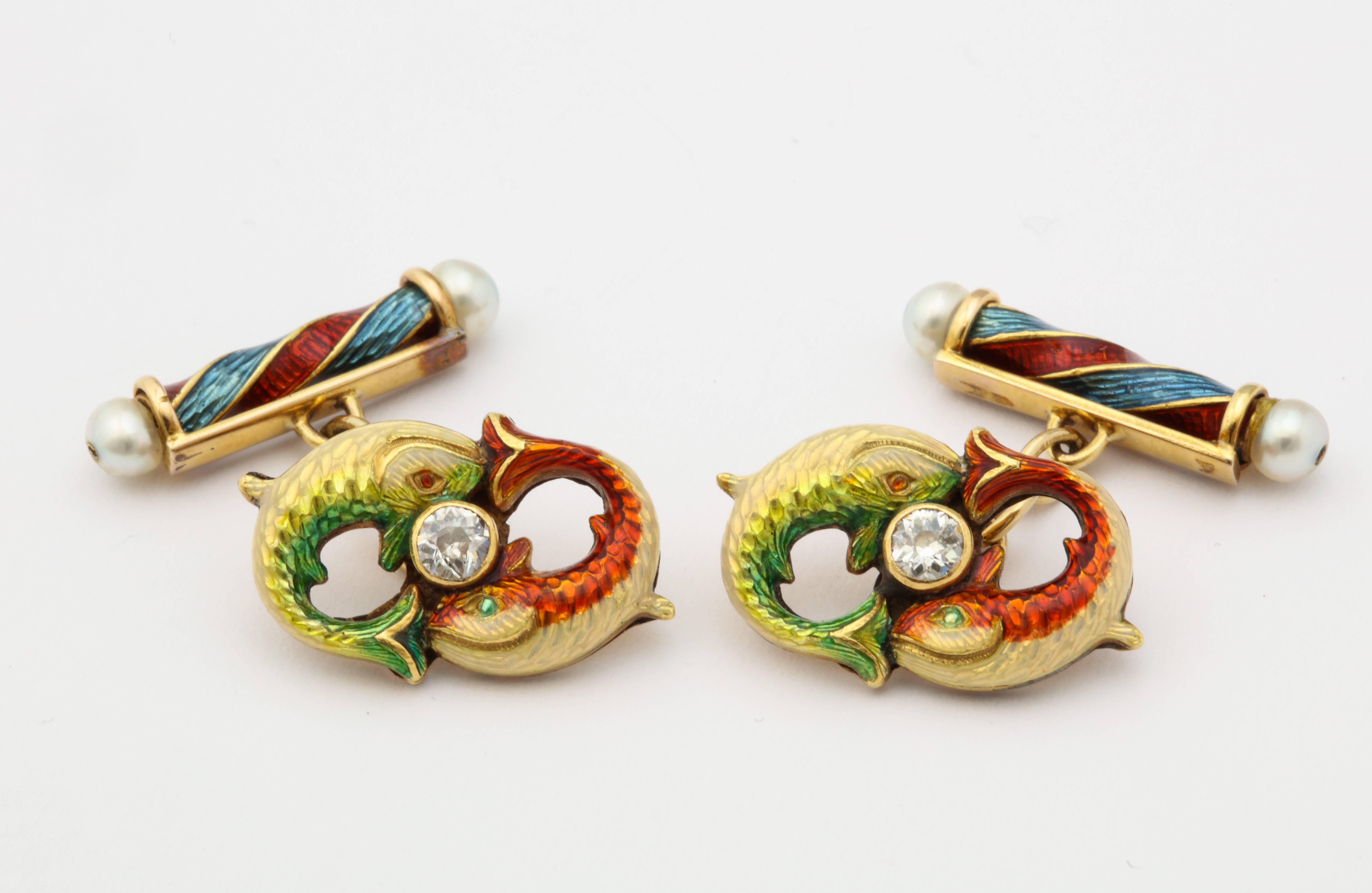 Round Cut Antique English Yellow Gold Cloisonné Enamel Diamond and Pearl Fish Cufflinks