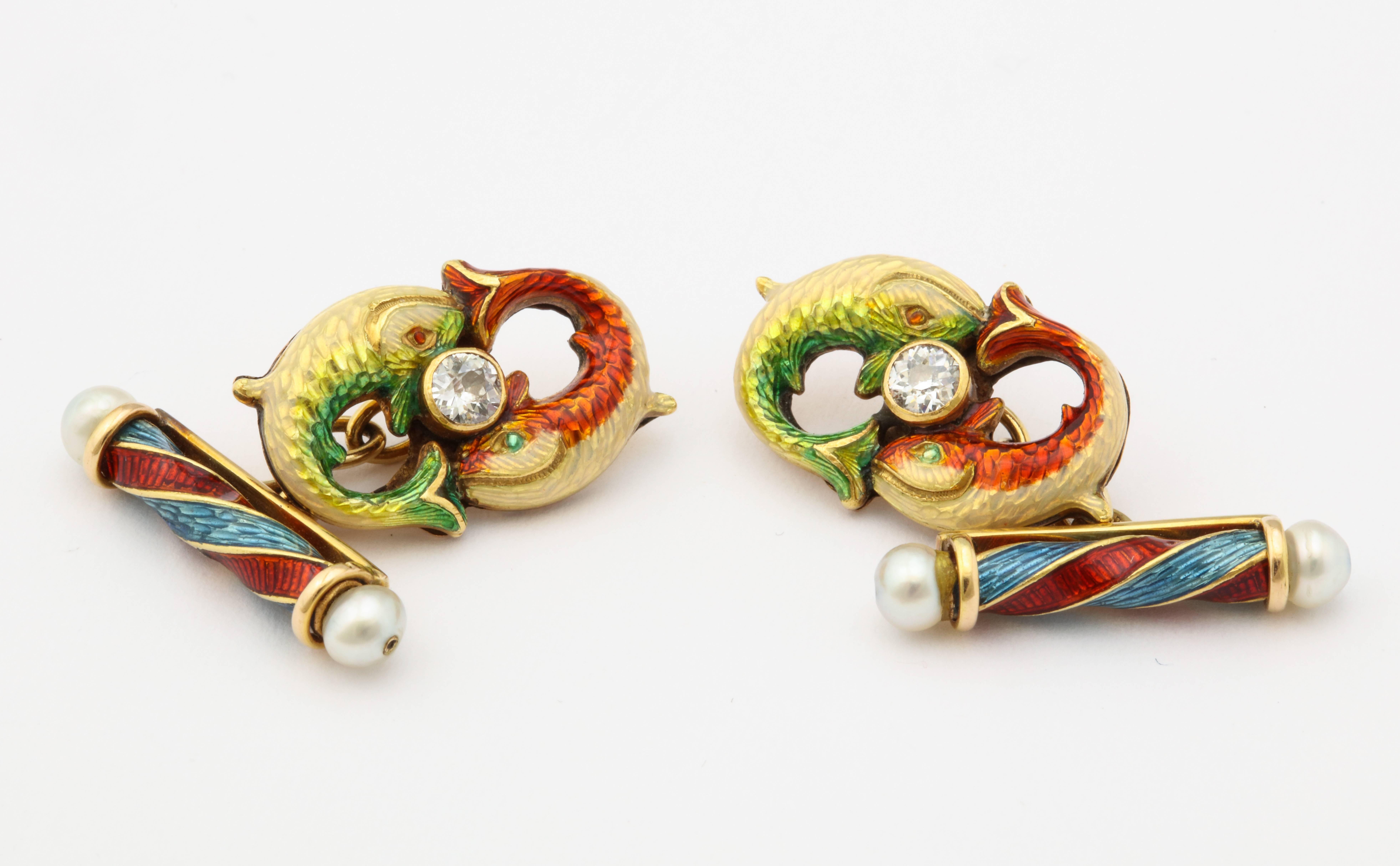 Antique English Yellow Gold Cloisonné Enamel Diamond and Pearl Fish Cufflinks In Excellent Condition In Bal Harbour, FL