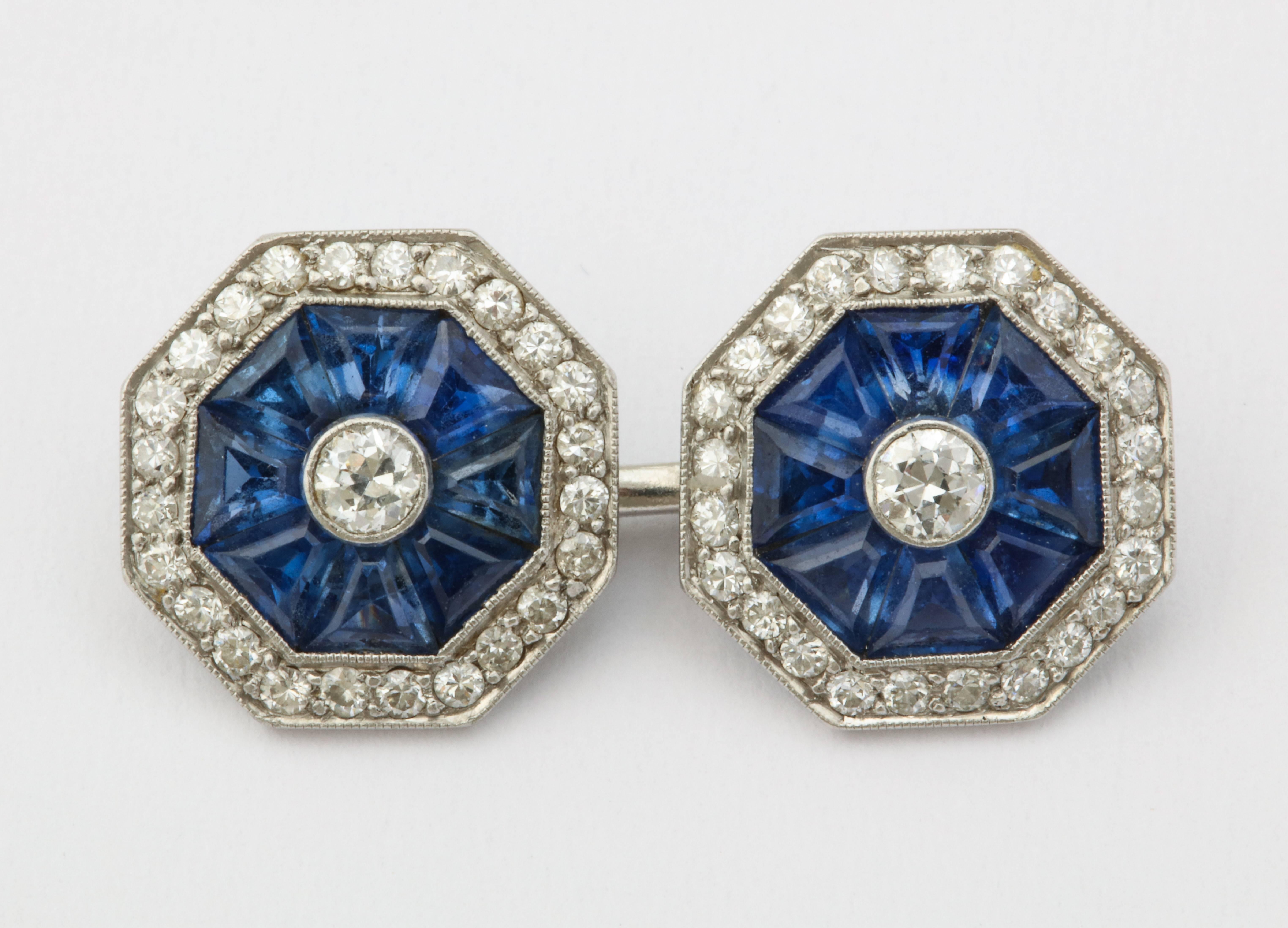 Round Cut Art Deco Sapphire and Diamond Cufflinks