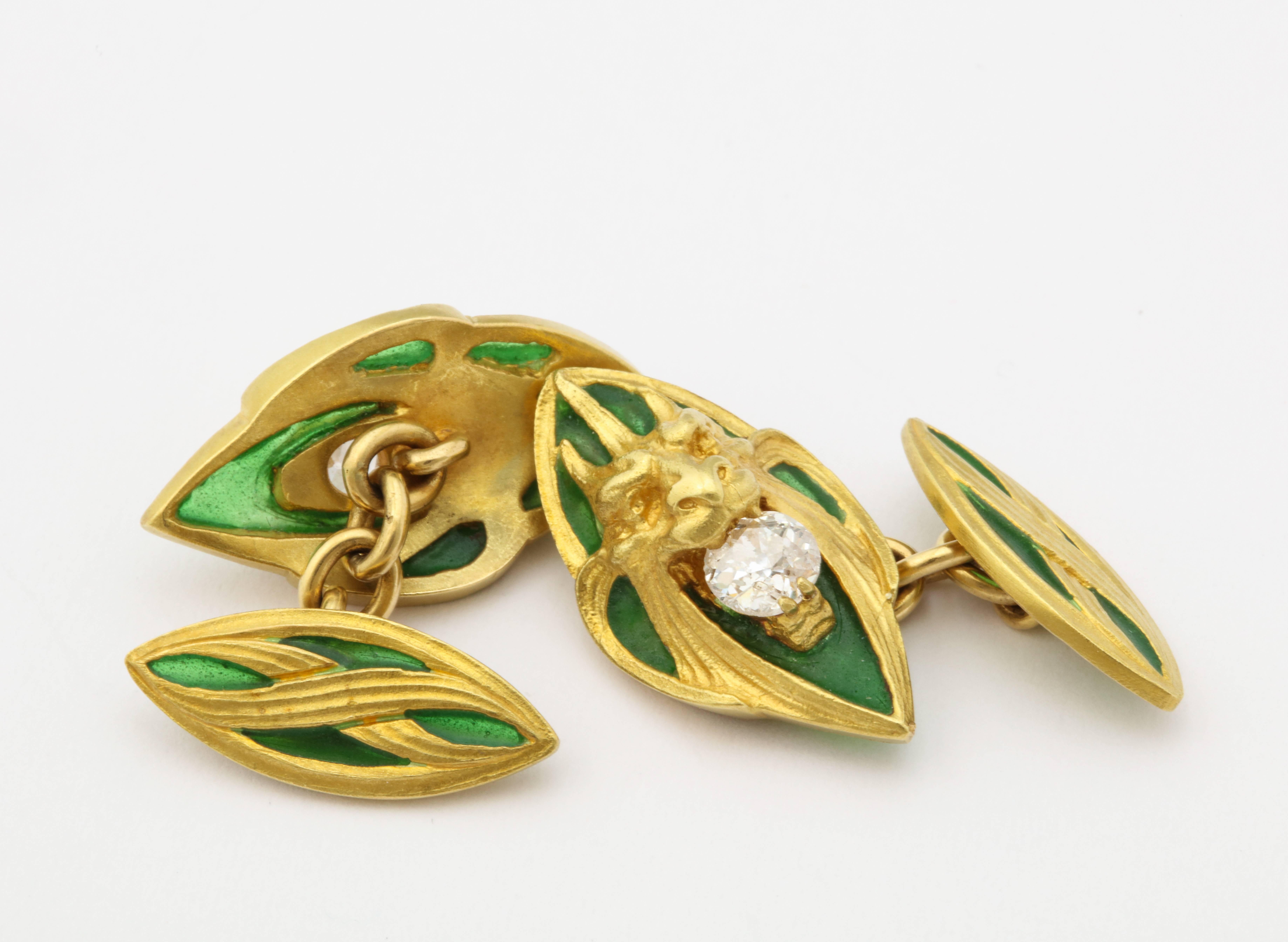 Women's or Men's Art Nouveau Plique-à-Jour and Diamond Cufflinks