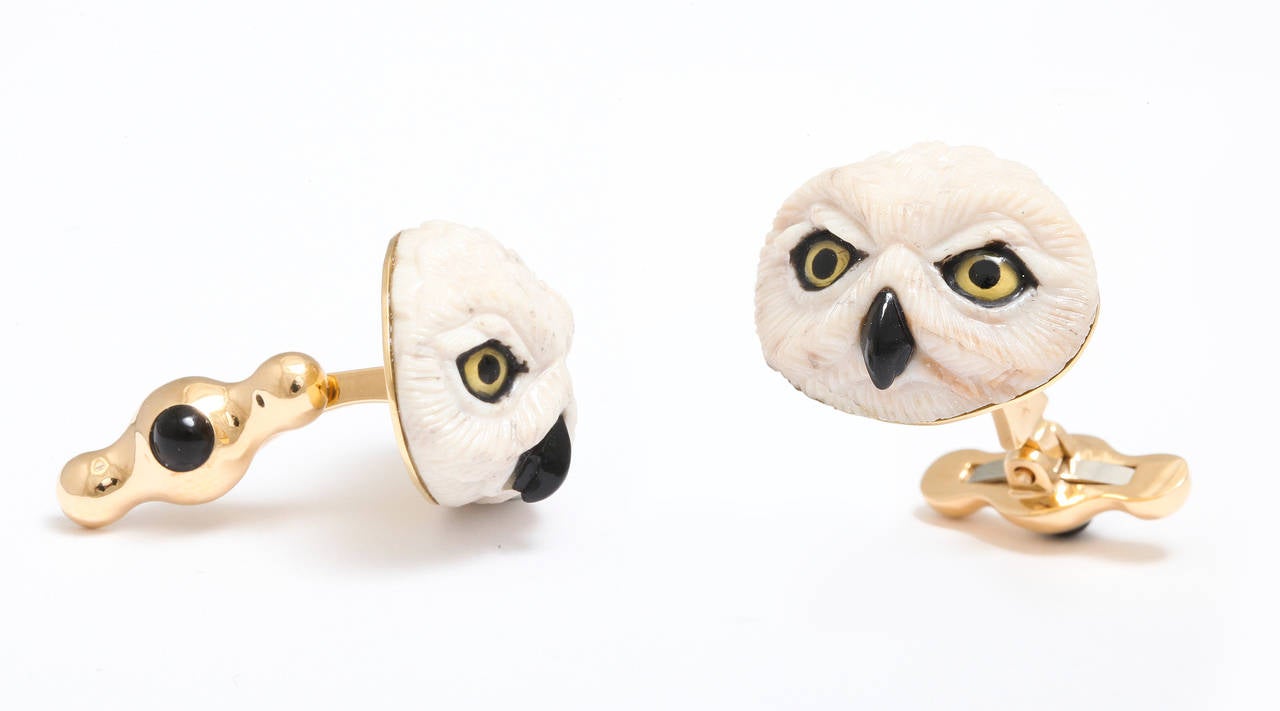 Michael Kanners Incredible Wood Onyx Quartz Owl Cufflinks 1