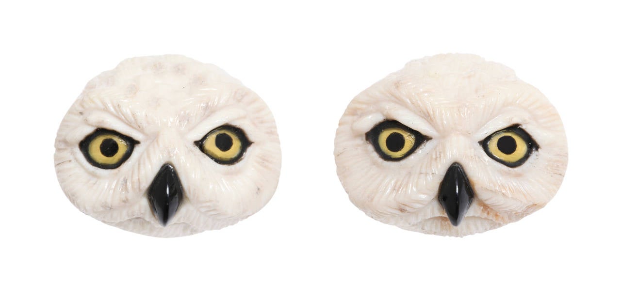 Michael Kanners Incredible Wood Onyx Quartz Owl Cufflinks In New Condition In Bal Harbour, FL