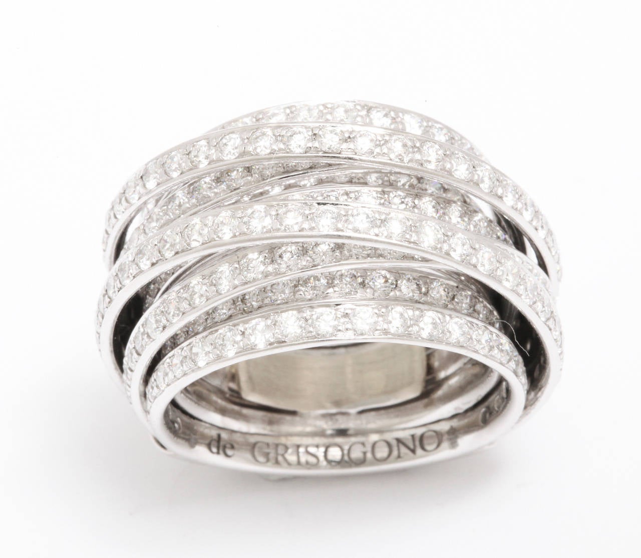 From the magnificent Allegra collection, this bold ring features app. 5cts of the most beautiful white diamonds.  A comfortable size 6, this ring is as comfortable to wear as it is sure to dazzle.  Made in France, signed and numbered.  The