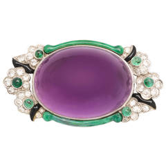 Enamel Amethyst Emerald Diamond Platinum Brooch 4