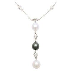 Black and White Pearl and Diamond Long Necklace