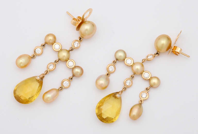 Contemporary Golconda Golden Pearl, Golden Beryl and Diamond Girandole Earrings