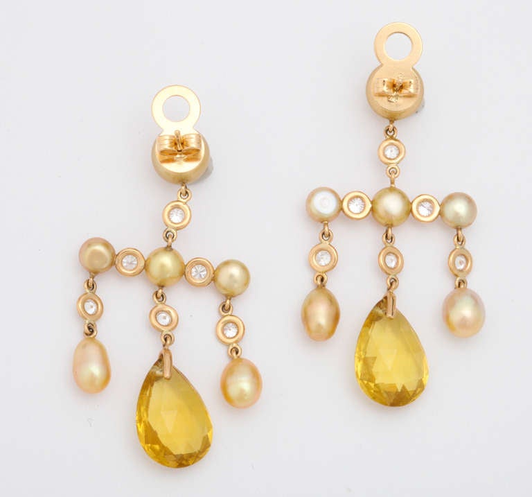 Golconda Golden Pearl, Golden Beryl and Diamond Girandole Earrings In New Condition In Bal Harbour, FL