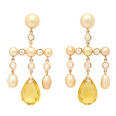 Golconda Golden Pearl, Golden Beryl and Diamond Girandole Earrings