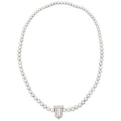 Vintage Diamond Platinum Riviere Necklace with Baguette Cut Diamond Clasp