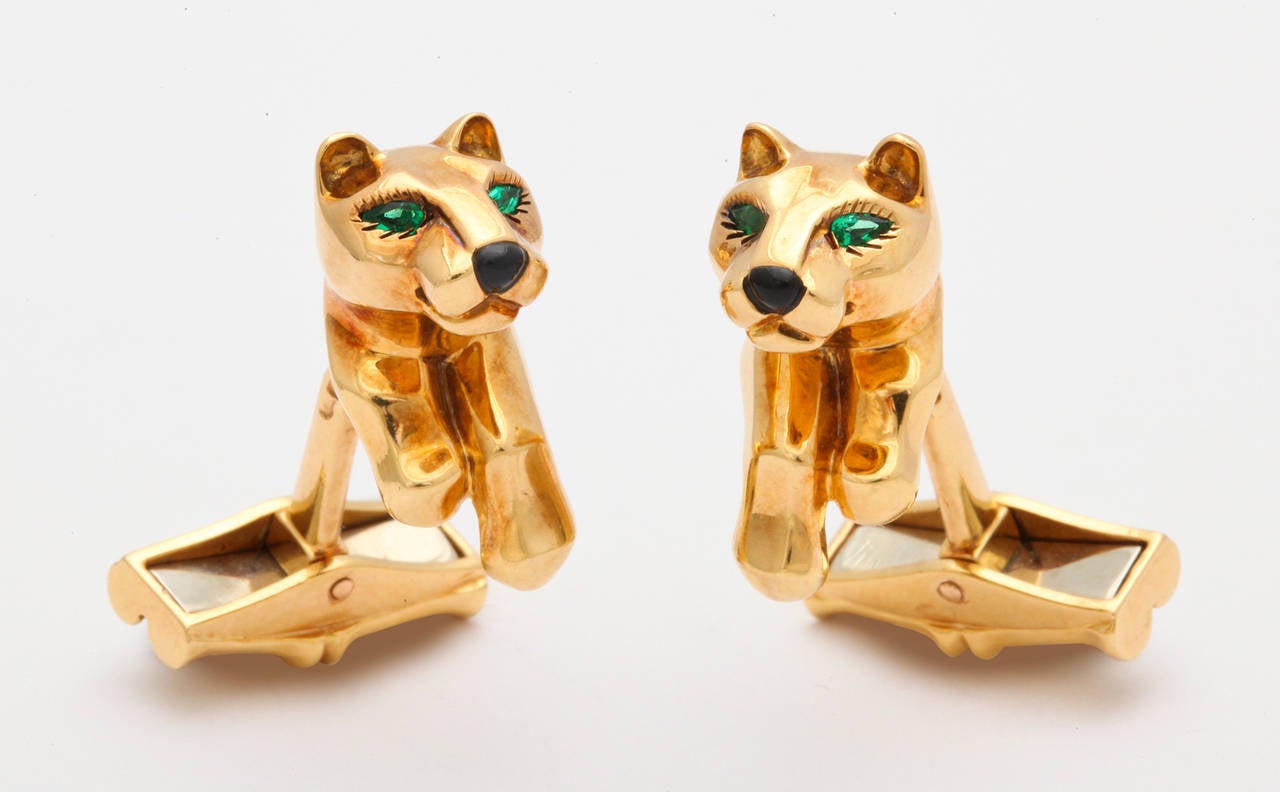 Cartier Onyx Emerald Gold Panthere Cufflinks In Excellent Condition In Bal Harbour, FL