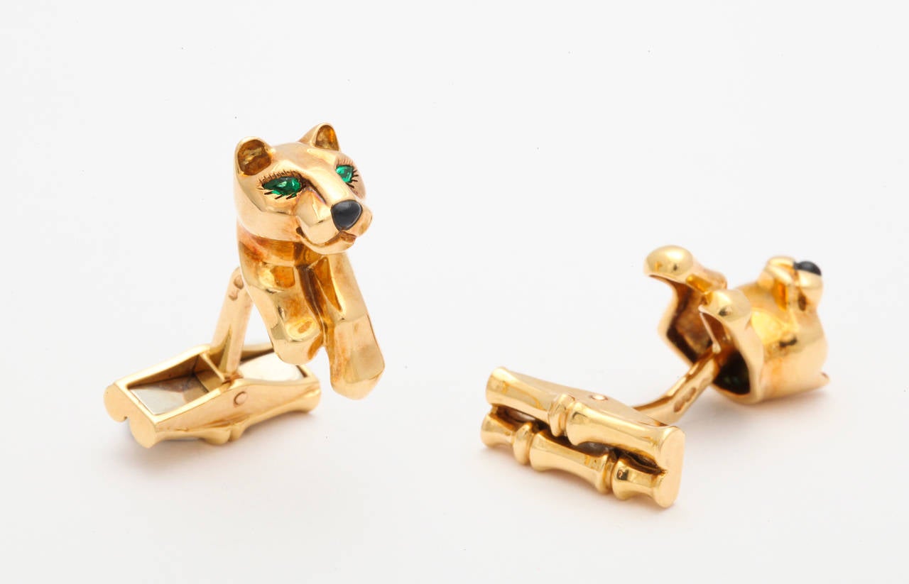 Women's or Men's Cartier Onyx Emerald Gold Panthere Cufflinks