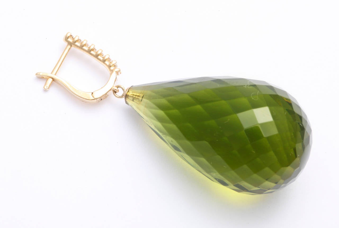Green Amber Diamond Gold Drop Earrings In New Condition In Bal Harbour, FL