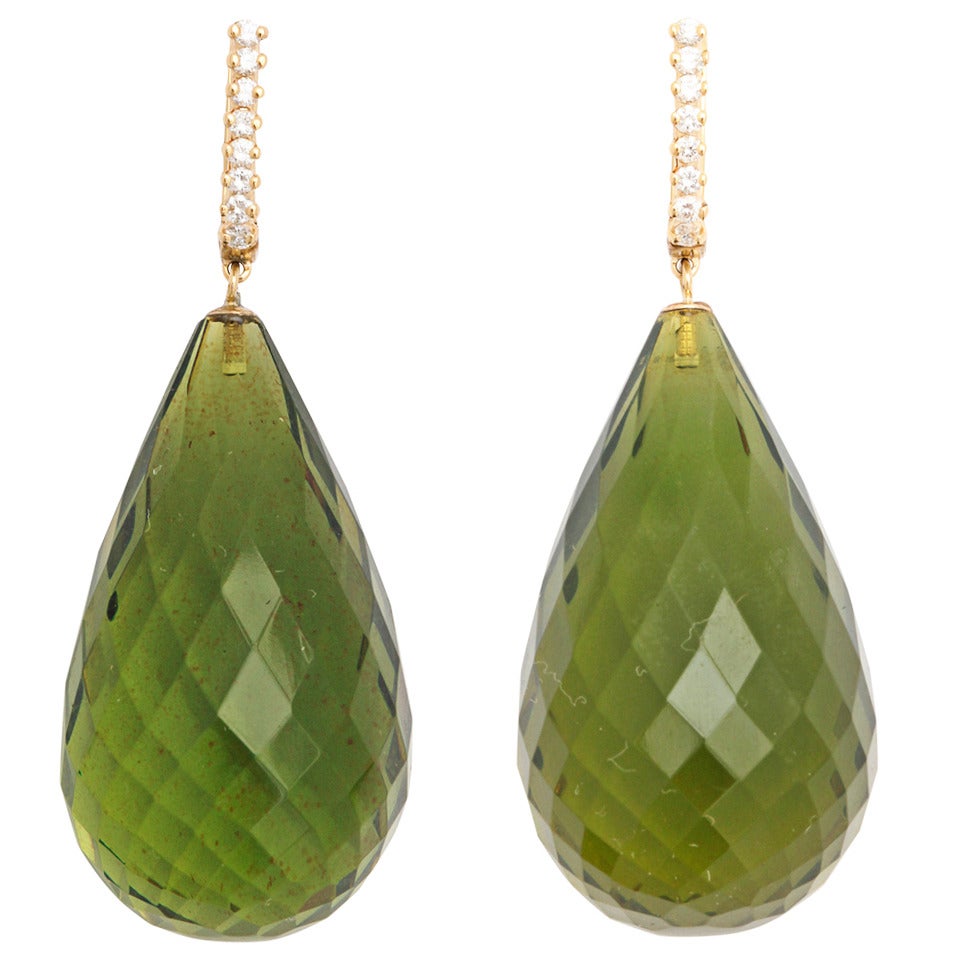 Green Amber Diamond Gold Drop Earrings