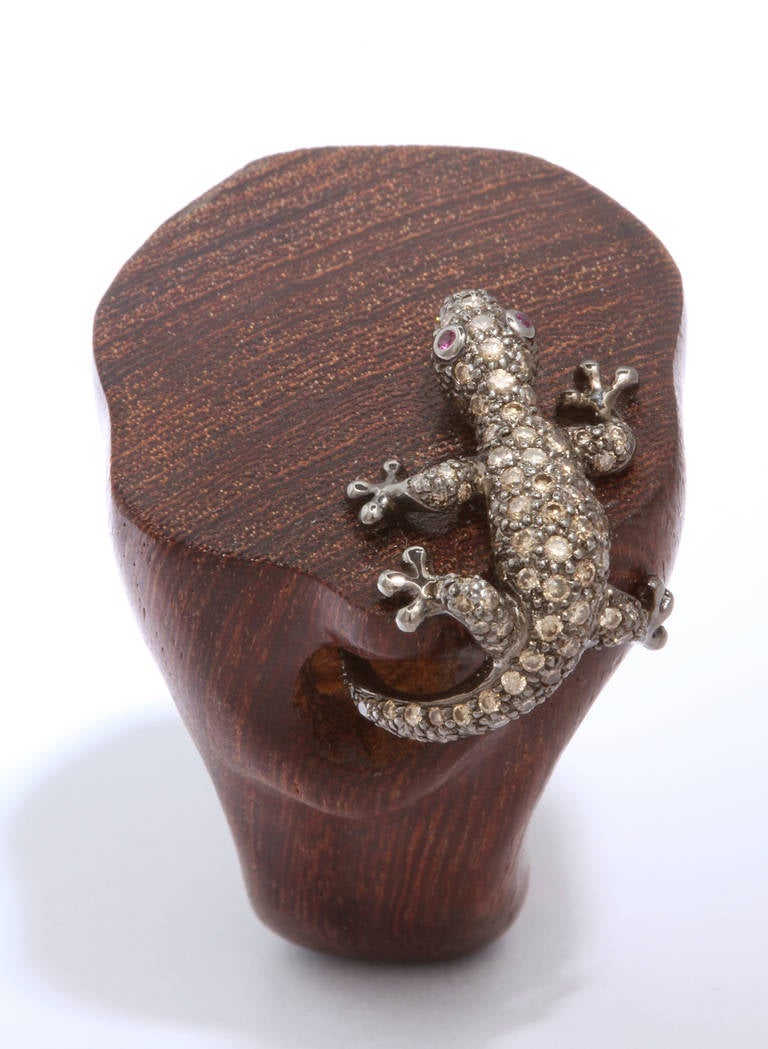 Contemporary Golconda Carved Teak Ruby Diamond Salamander Ring