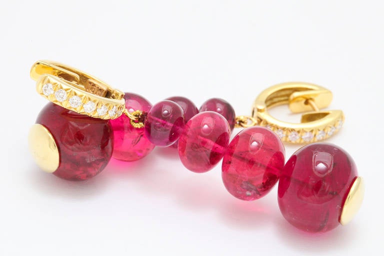 Spectacular Rubelite Diamond Gold Bead Earrings In New Condition In Bal Harbour, FL