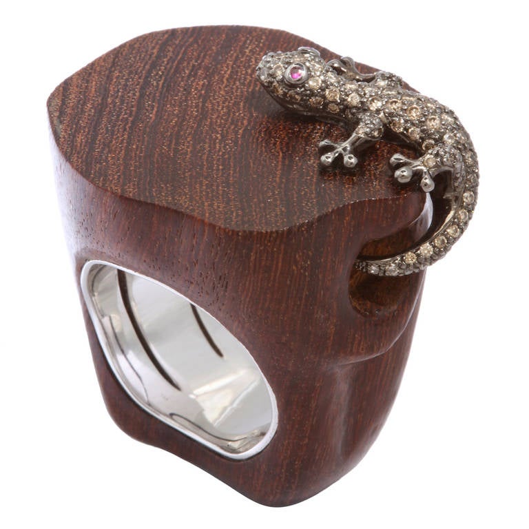 Golconda Carved Teak Ruby Diamond Salamander Ring