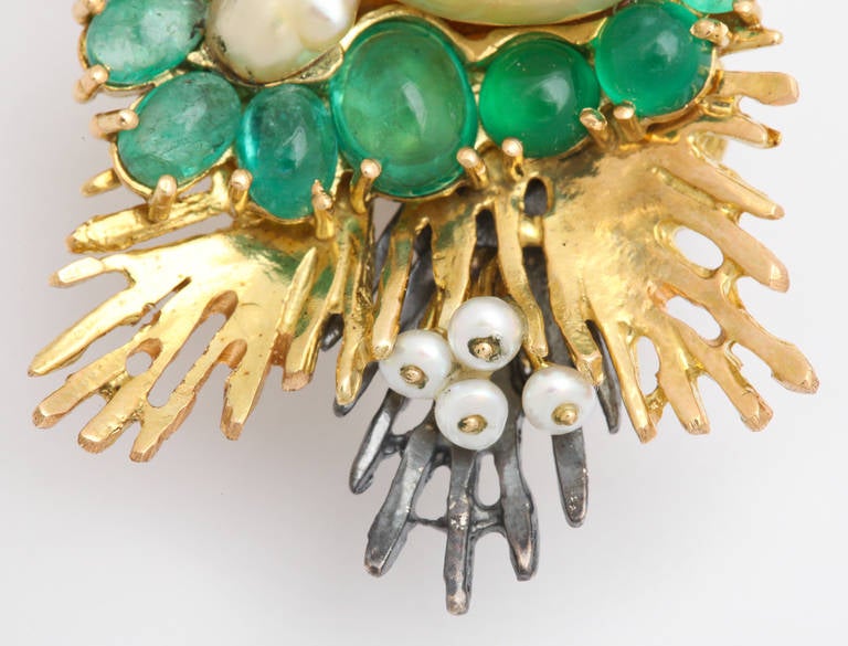 Women's Marilyn Cooperman Baroque Pearl Emerald Silver Gold Spray Earclips