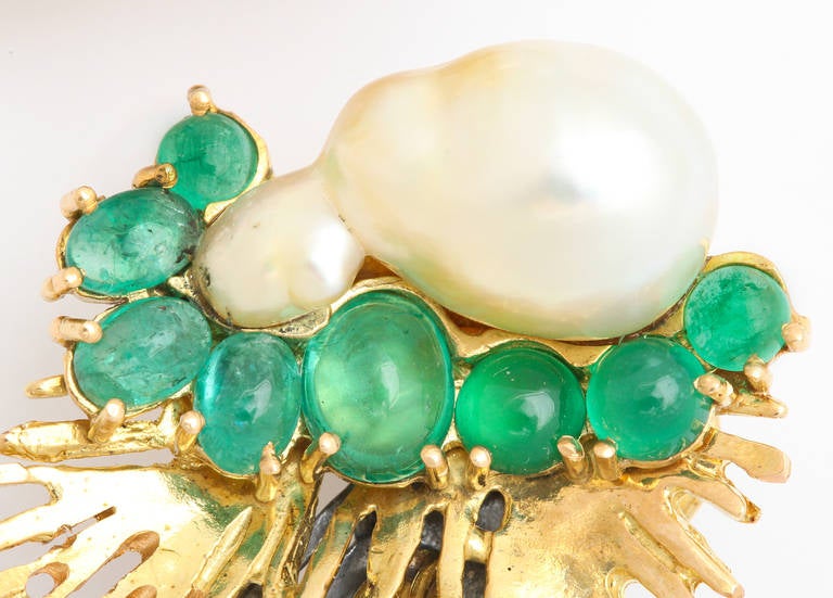 Marilyn Cooperman Baroque Pearl Emerald Silver Gold Spray Earclips In New Condition In Bal Harbour, FL