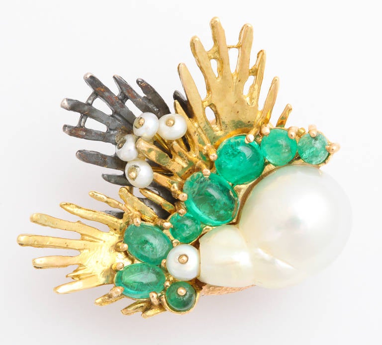 Contemporary Marilyn Cooperman Baroque Pearl Emerald Silver Gold Spray Earclips