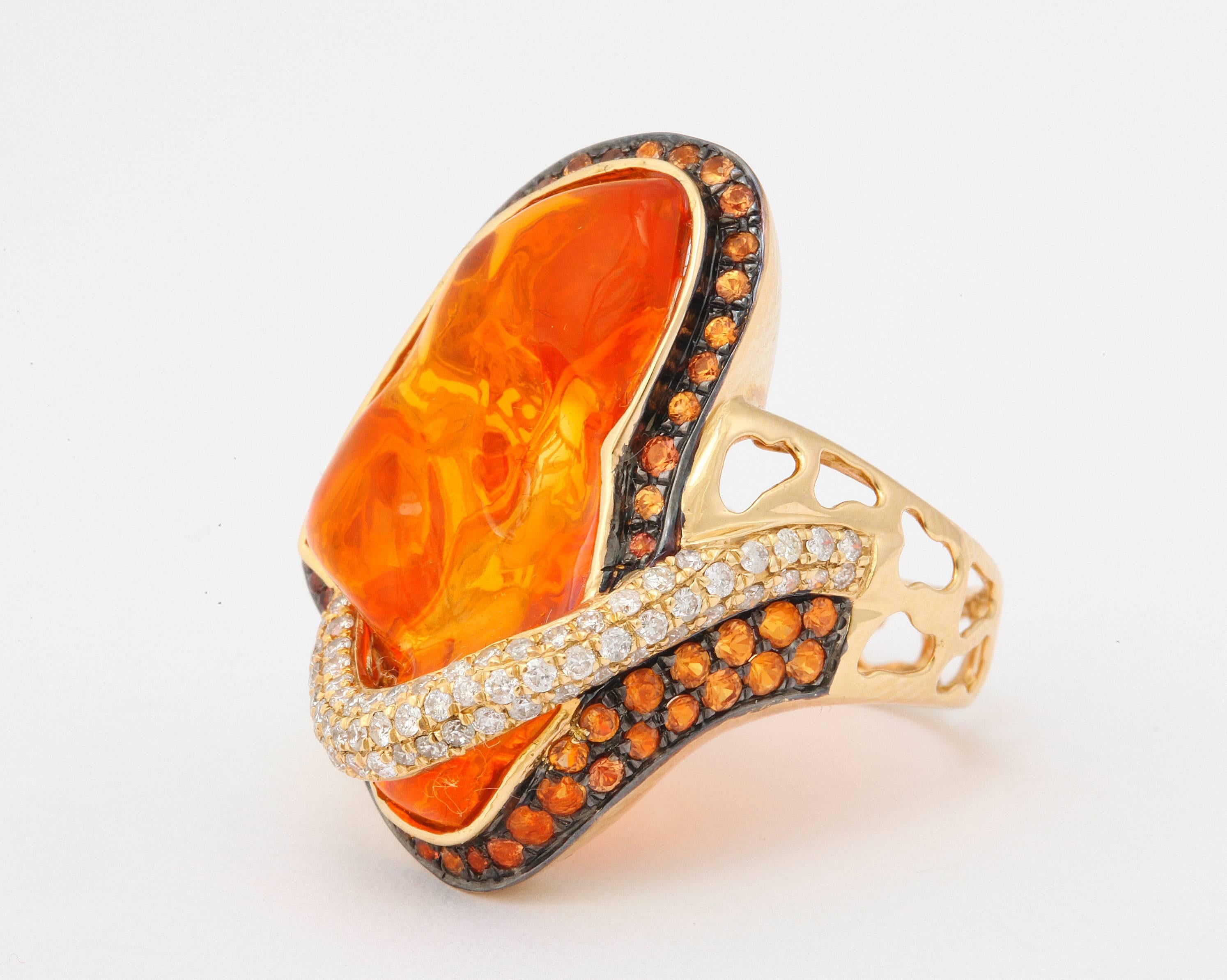 Mexican Opal Orange Sapphire Diamond Gold Ring In New Condition In Bal Harbour, FL
