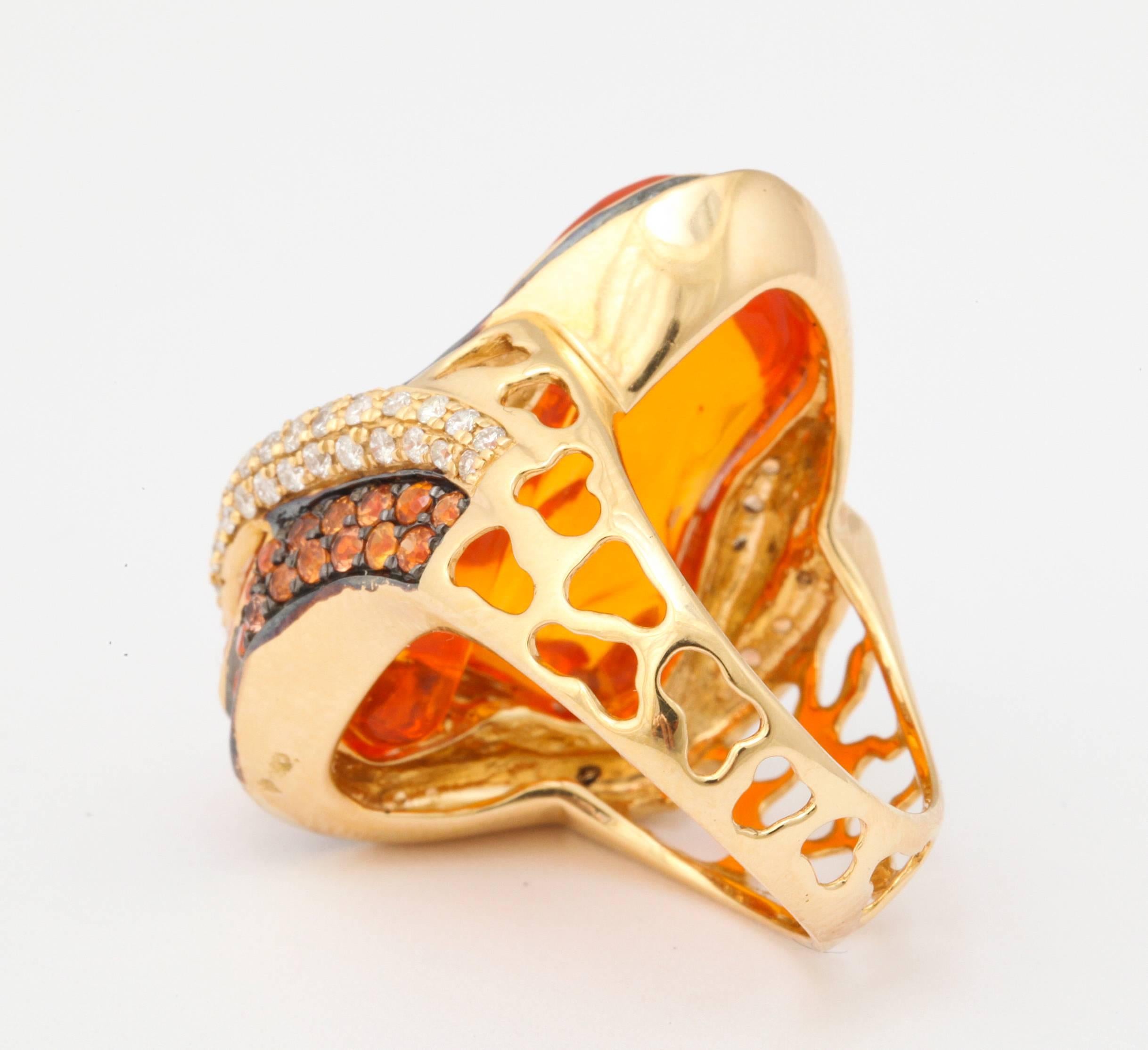 Women's Mexican Opal Orange Sapphire Diamond Gold Ring