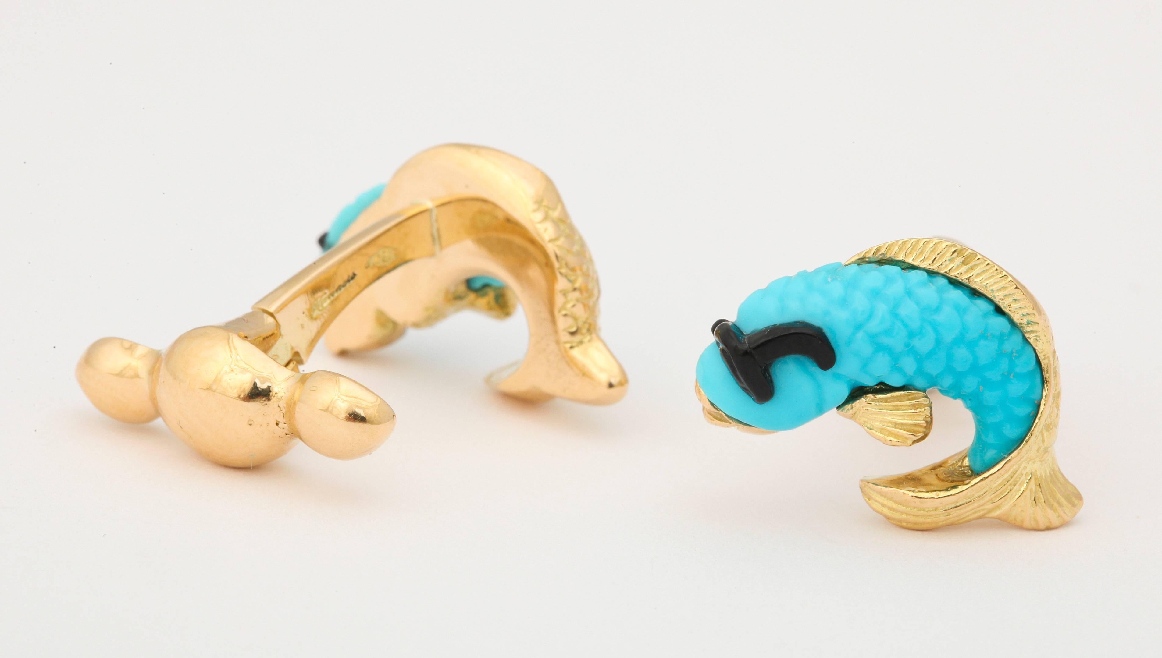 Michael Kanners Turquoise Onyx Gold Fish Cufflinks 1