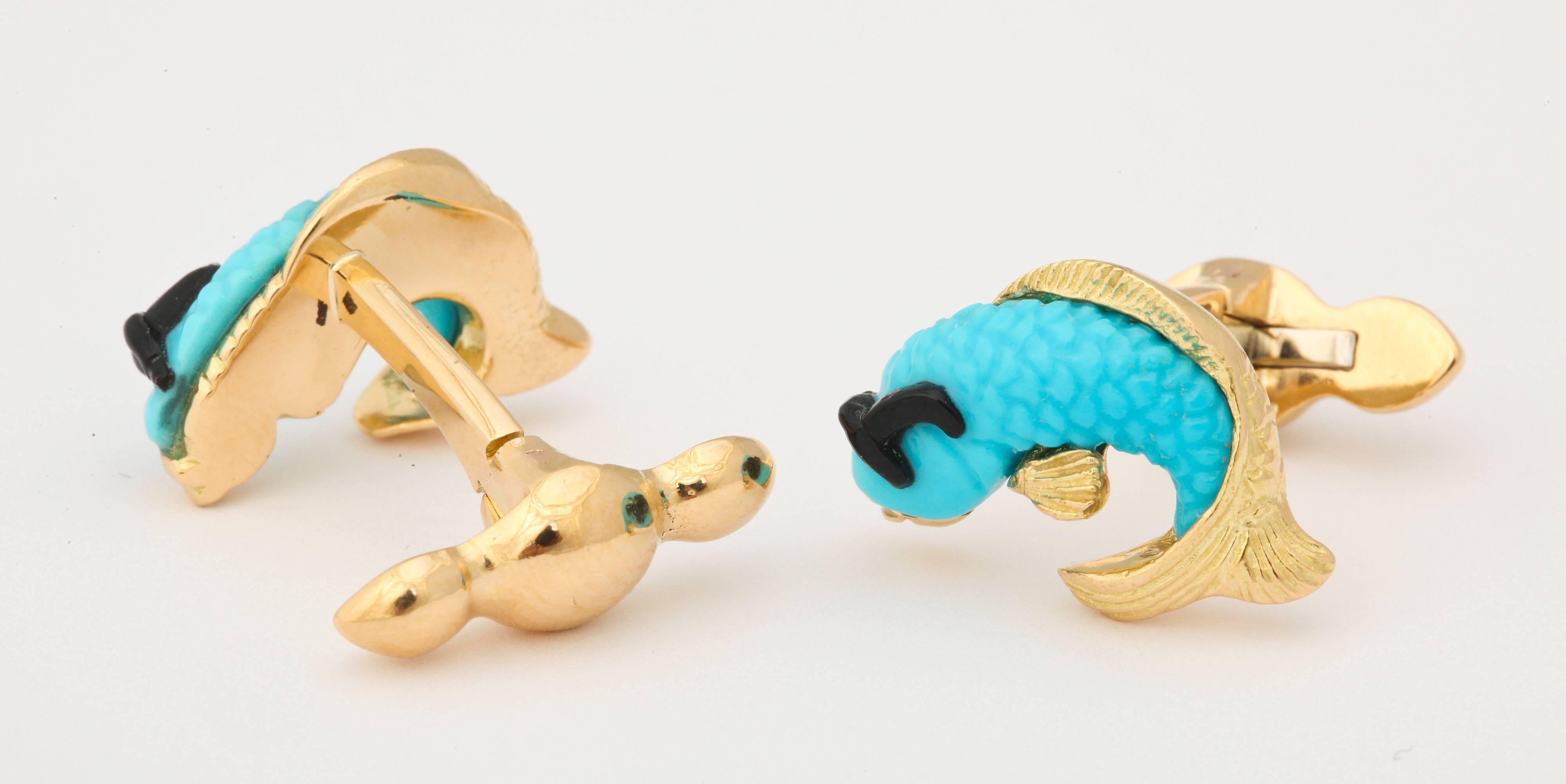 Michael Kanners Turquoise Onyx Gold Fish Cufflinks 2