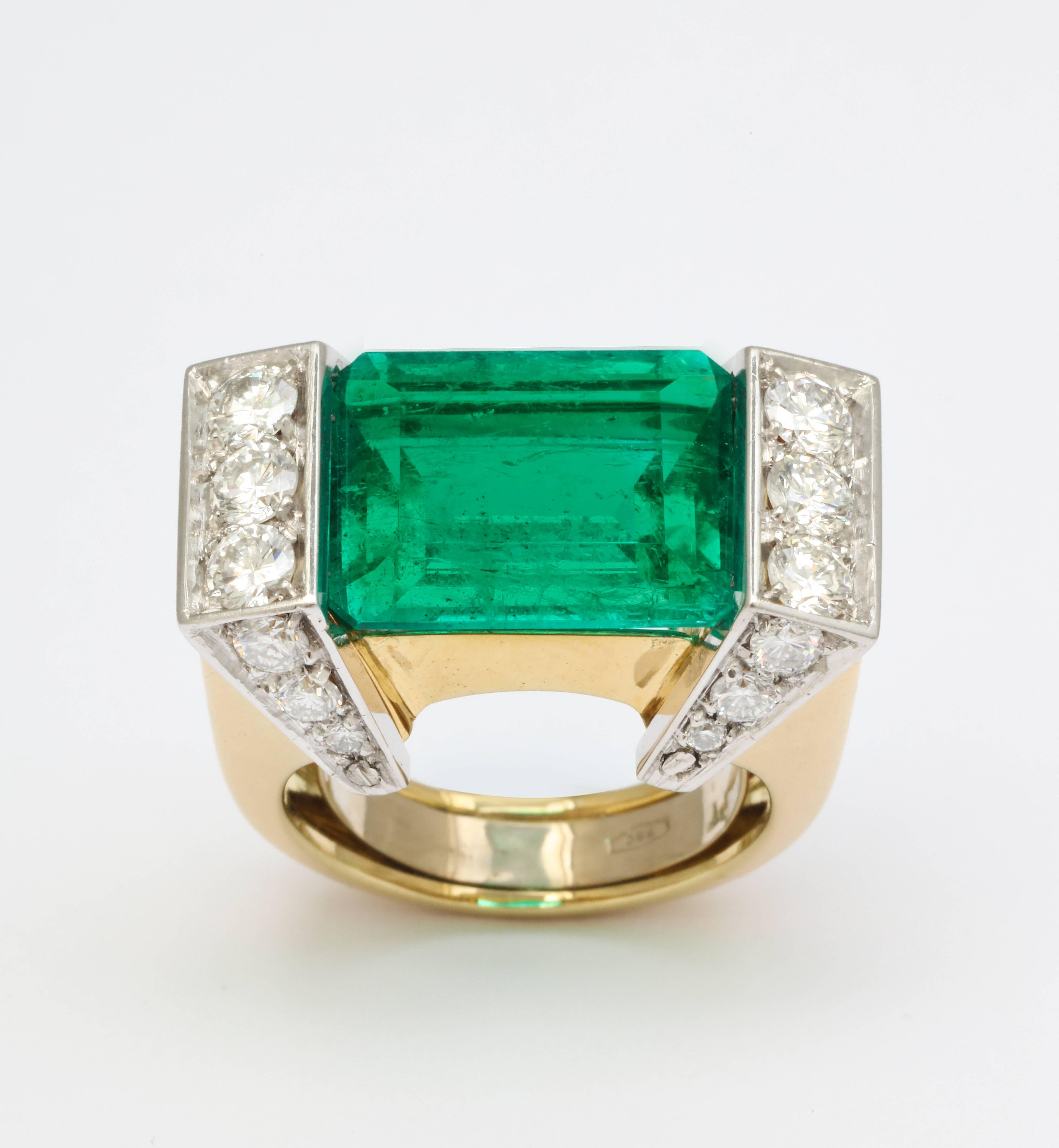 Modernist Rectangular Cut Emerald Diamond Gold Platinum Geometric Ring