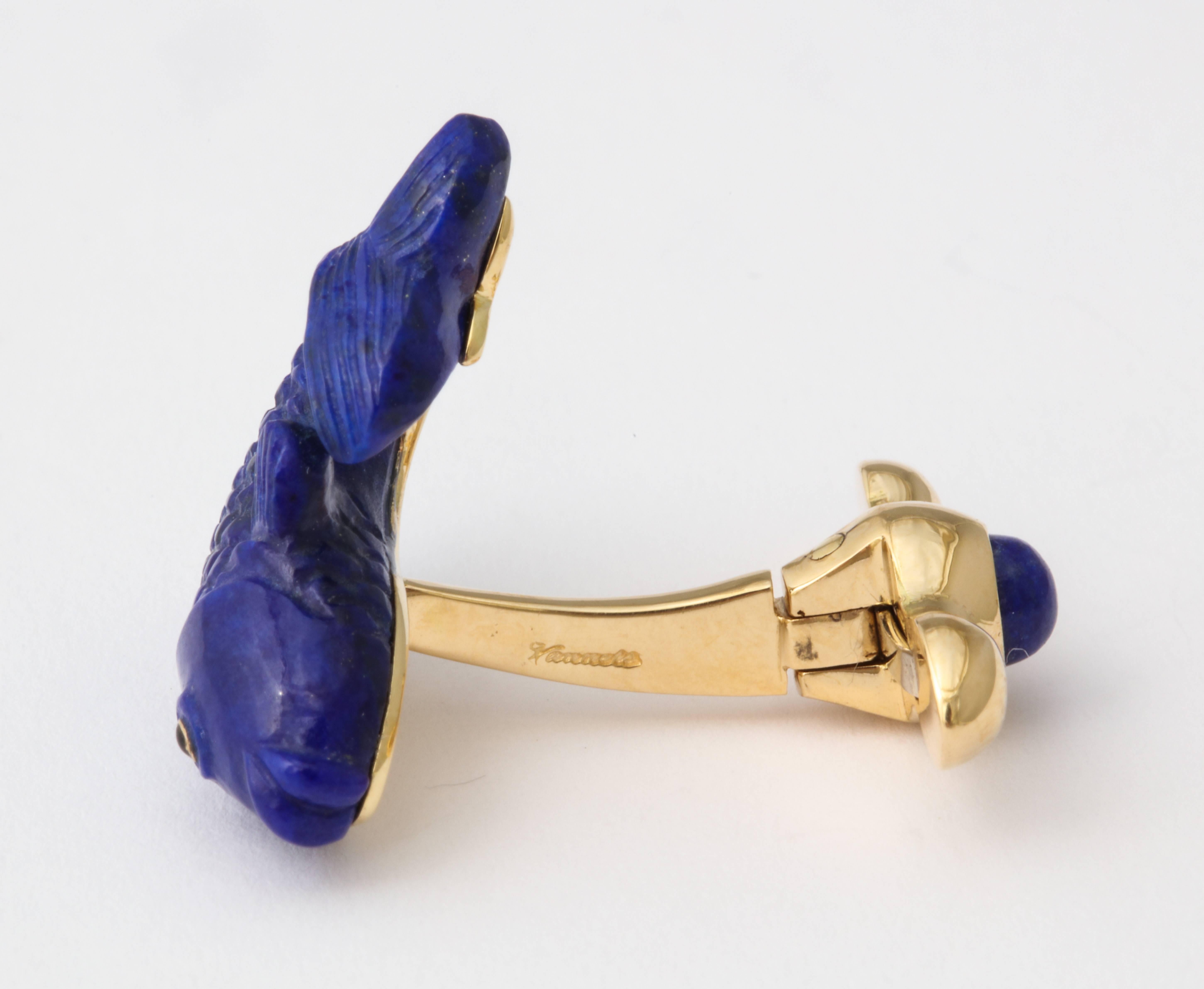 Michael Kanners Carved Lapis and Gold Fish Cufflinks 2