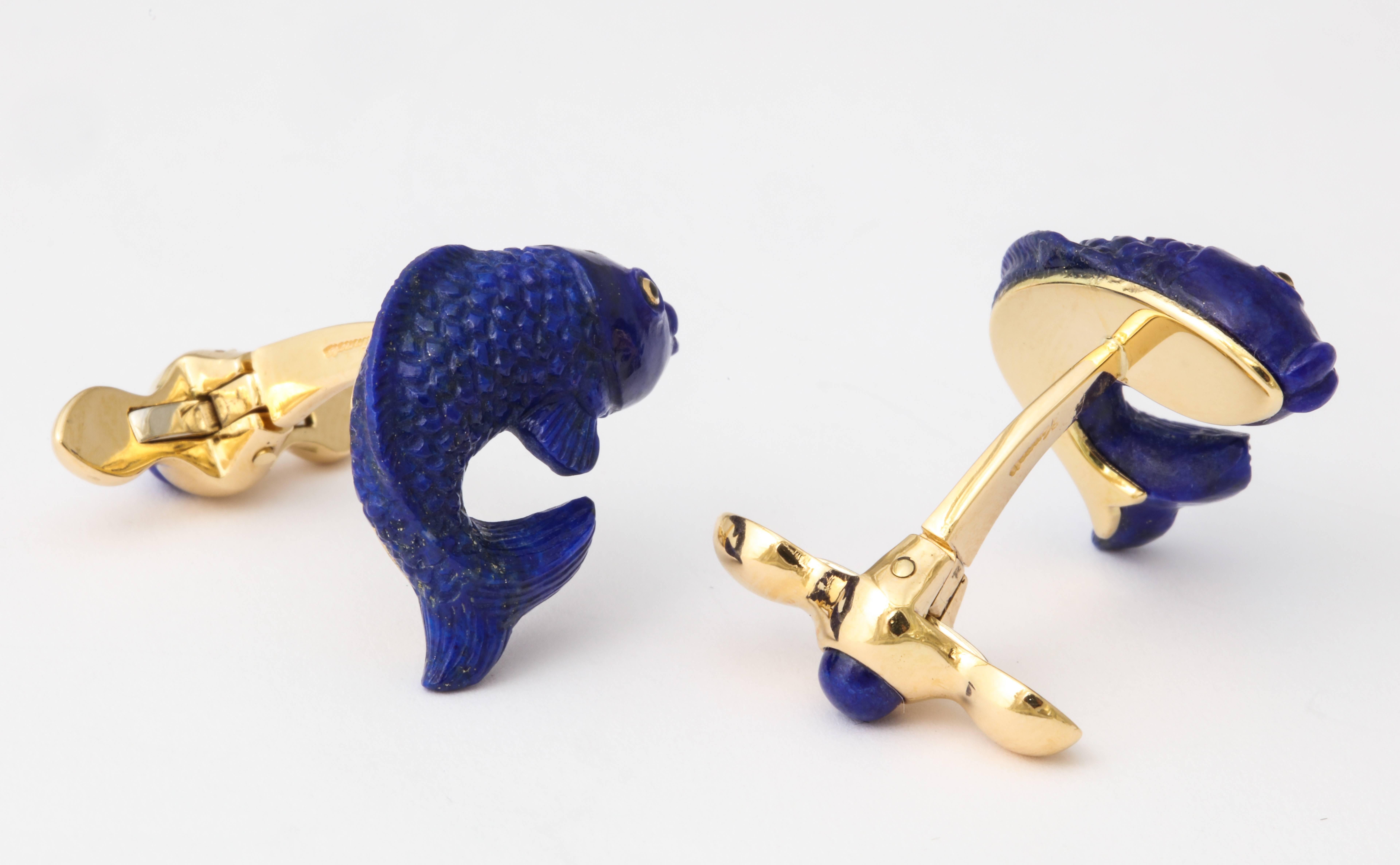 Cabochon Michael Kanners Carved Lapis and Gold Fish Cufflinks