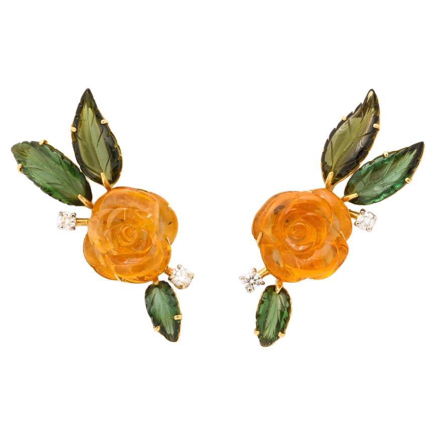 Michael Kanners Carved Citrine Tourmaline and Diamond Flower Earrings
