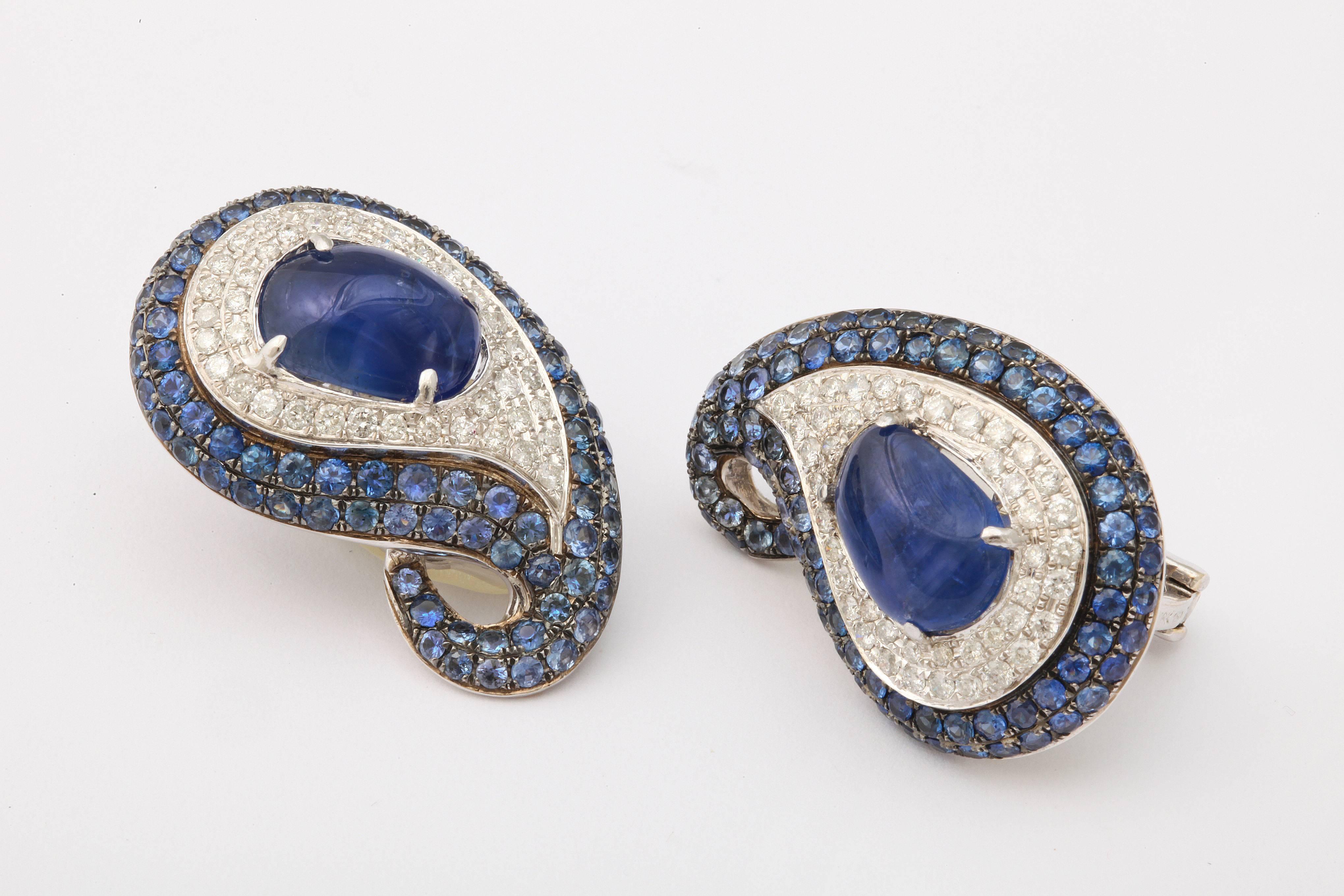 Exotic Sapphire & Diamond Paisley Earclips In Excellent Condition In Bal Harbour, FL