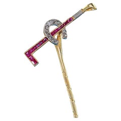 Antique Art Deco 18K Yellow Gold Ruby Diamond Riding Crop Horseshoe Stick Pin